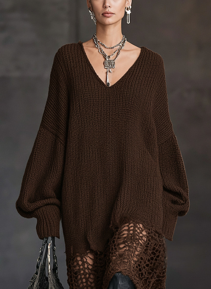 Charcoal Gray V-Neck Knit Mesh Long Sleeve Midi Dress