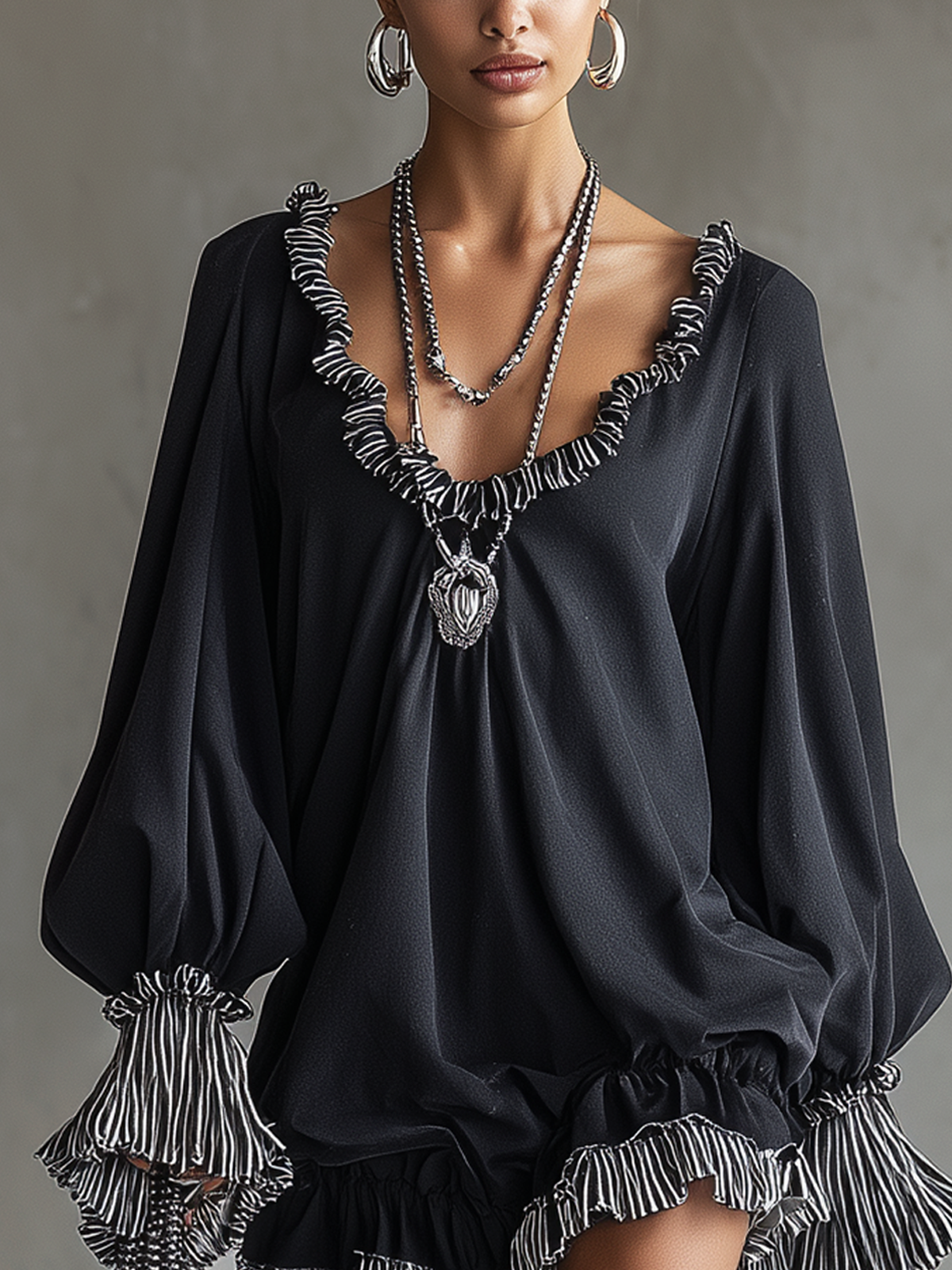 Black Faux Suede Striped Ruffled Loose Mini Dress