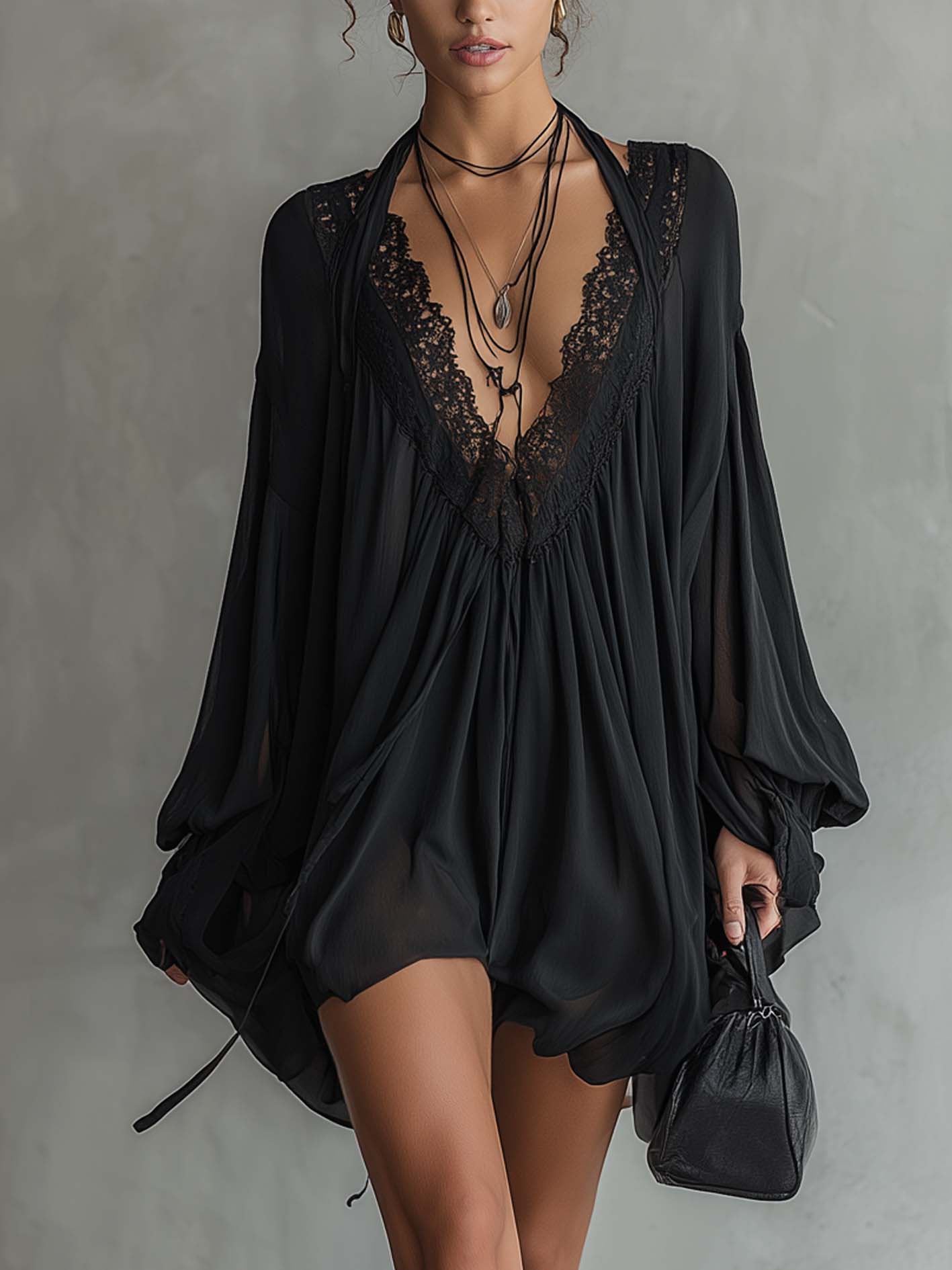 Black Chiffon Halter Mini Dress With Lace Neckline