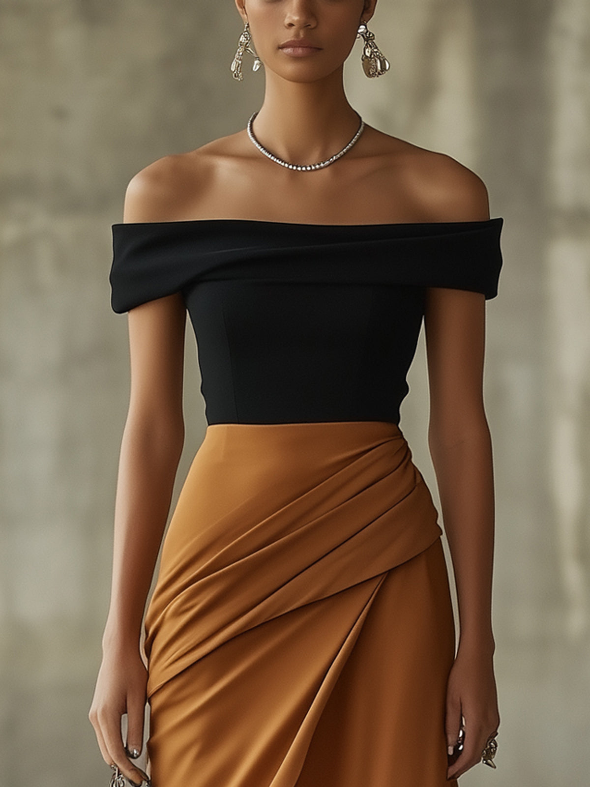 Black And Camel Satin Draped Detail Off-Shoulder Short Sleeve Midi Dress