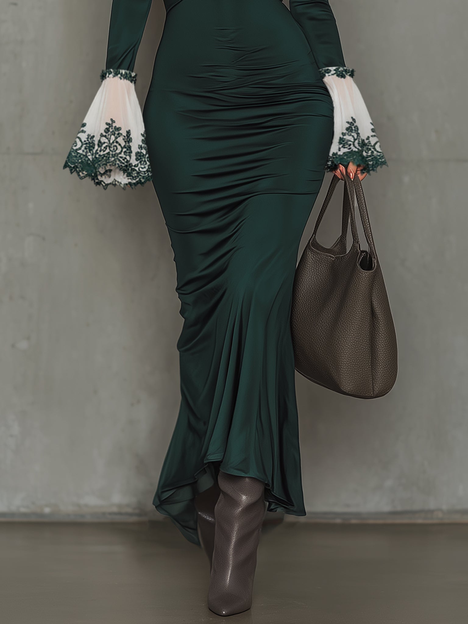 Emerald Satin Embroidered Cuff Long Sleeve Maxi Dress