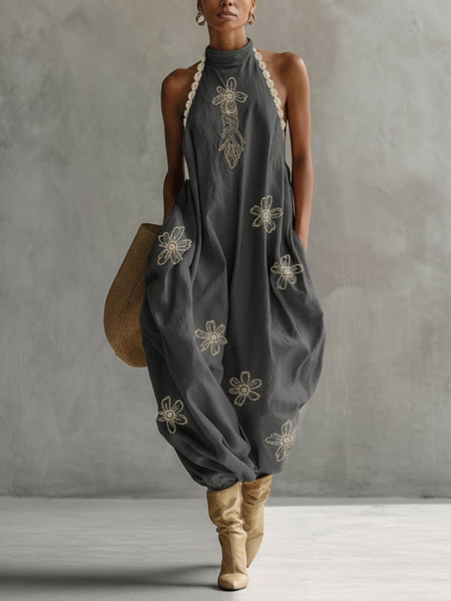 Gray Embroidered Linen Blend Sleeveless Balloon Maxi Dress