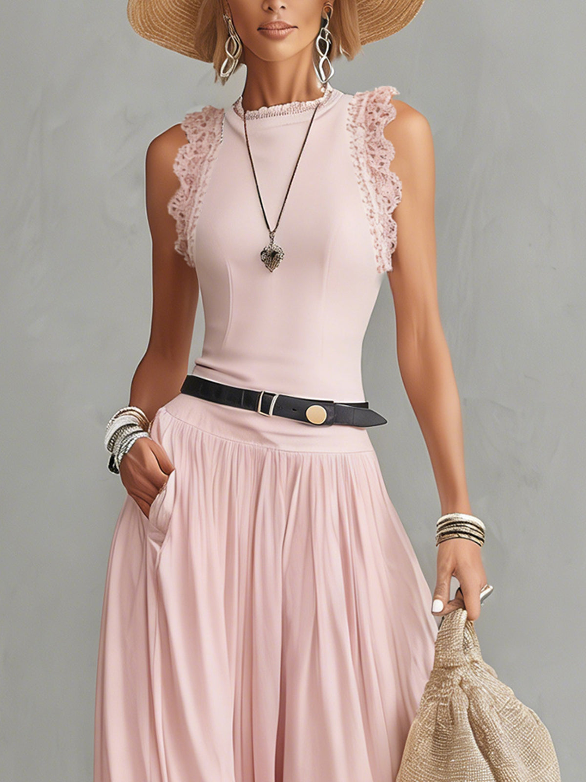 Pink Lace Trim Pleated Maxi Dress