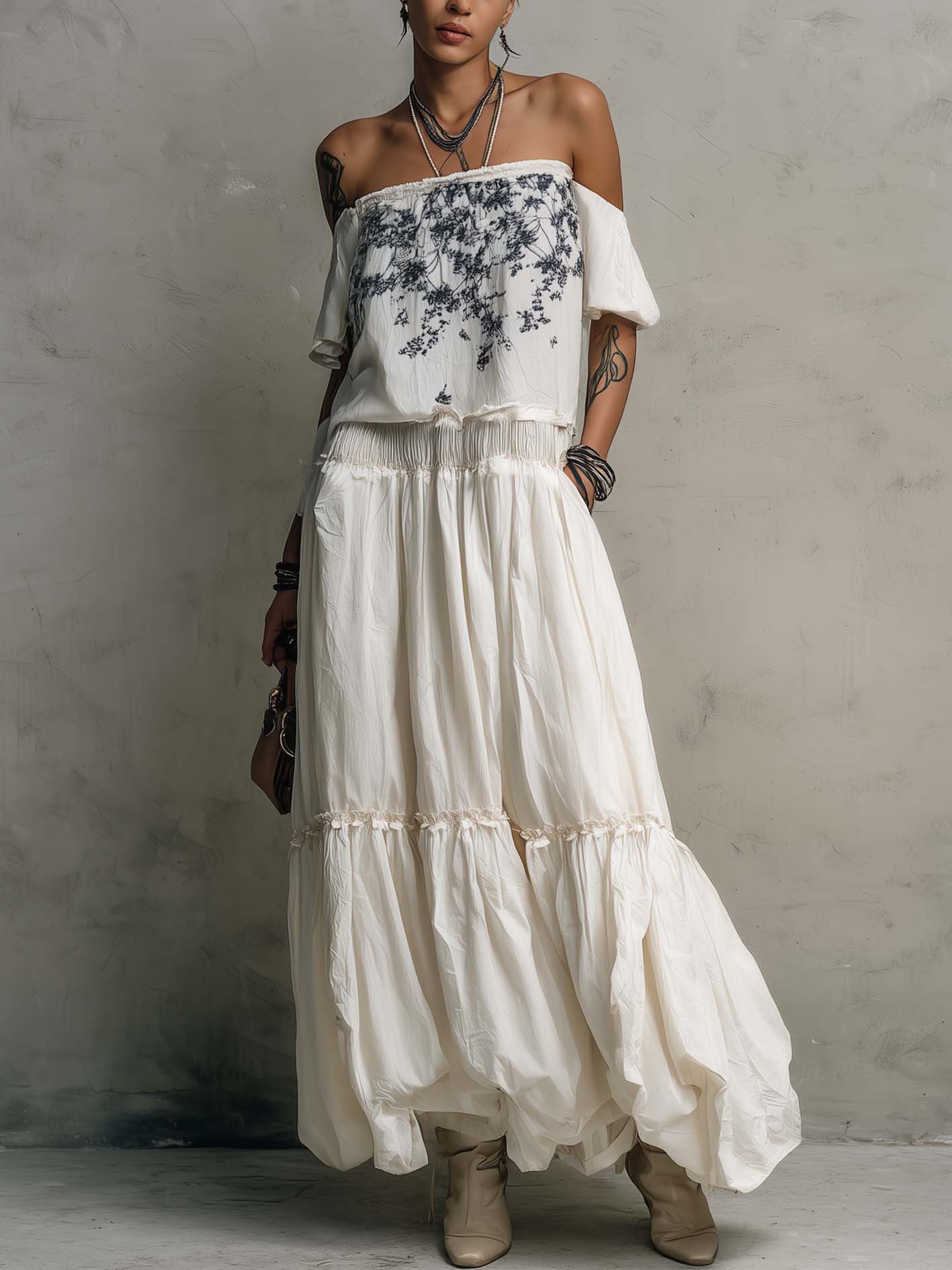 White Cotton Linen Maxi Dress With Vintage Blue Embroidery And Patchwork