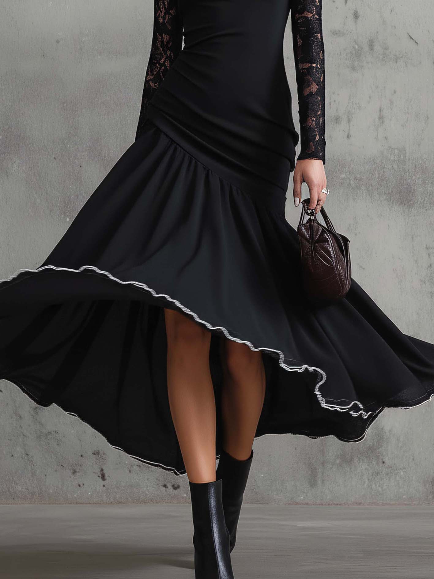 Black One Shoulder Lace Sleeve Bodycon Chiffon Patchwork Dress