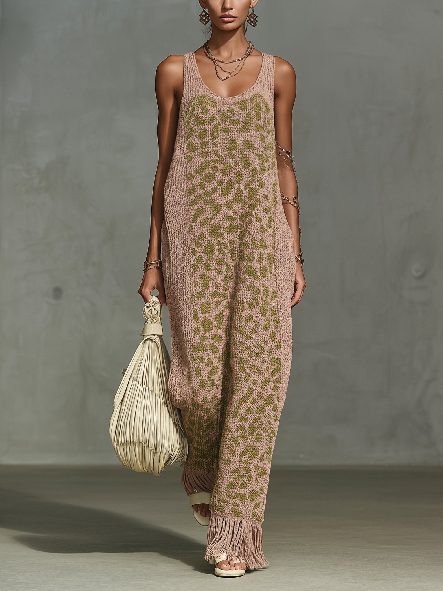 Pink Polka Dot Loose Fit Tassel Knit Maxi Dress