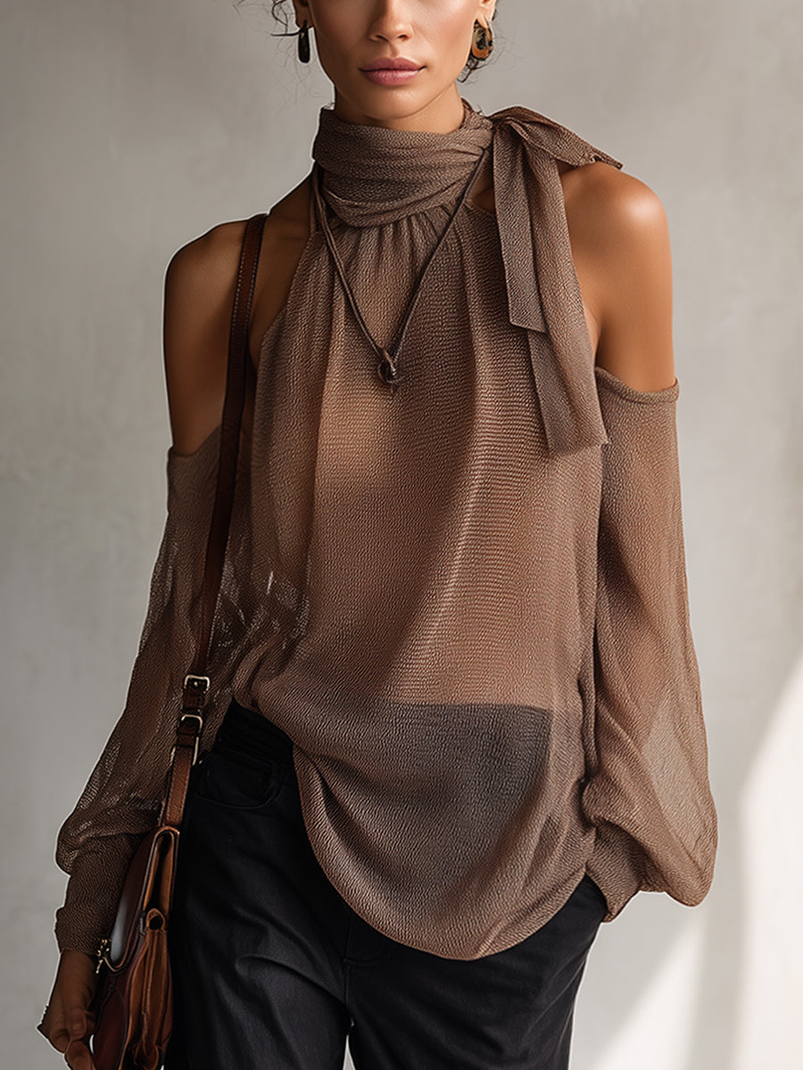 Nude Thin Knit Off Shoulder Loose Knit Blouse