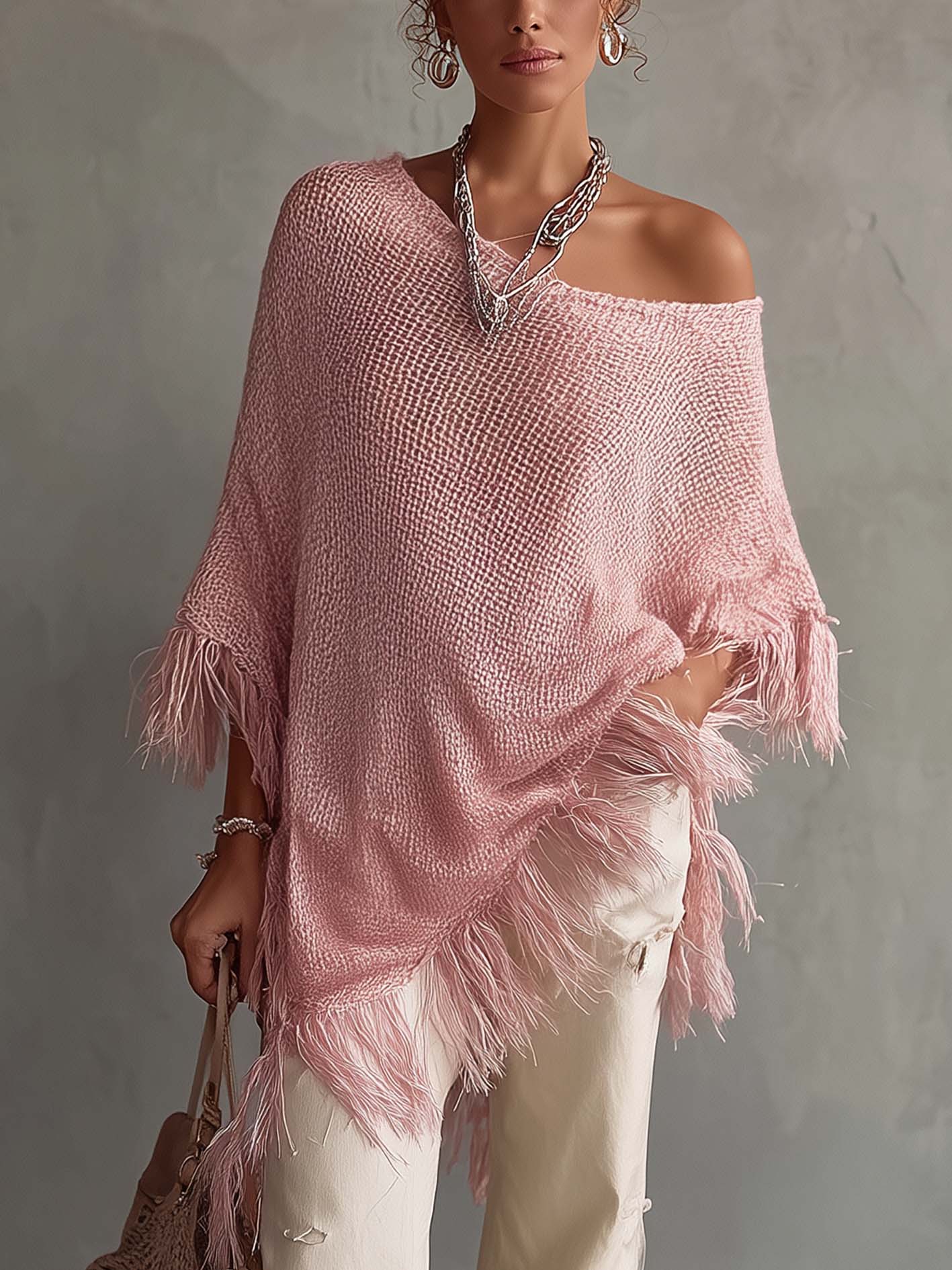 Pink One Shoulder Fringe Trim Lightweight Sweater Top