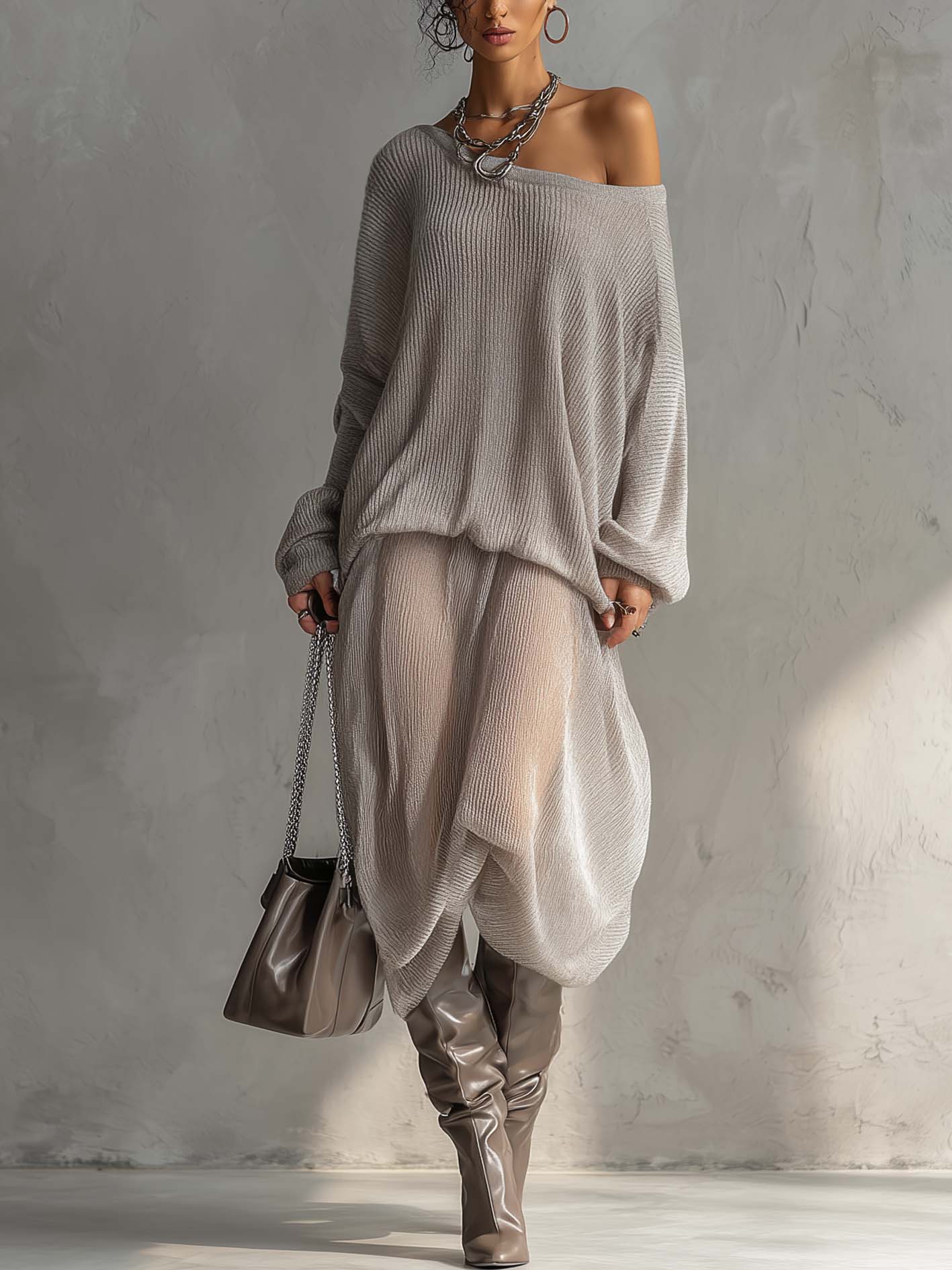 One Shoulder Asymmetric Gray Knitted Patchwork Maxi Dress