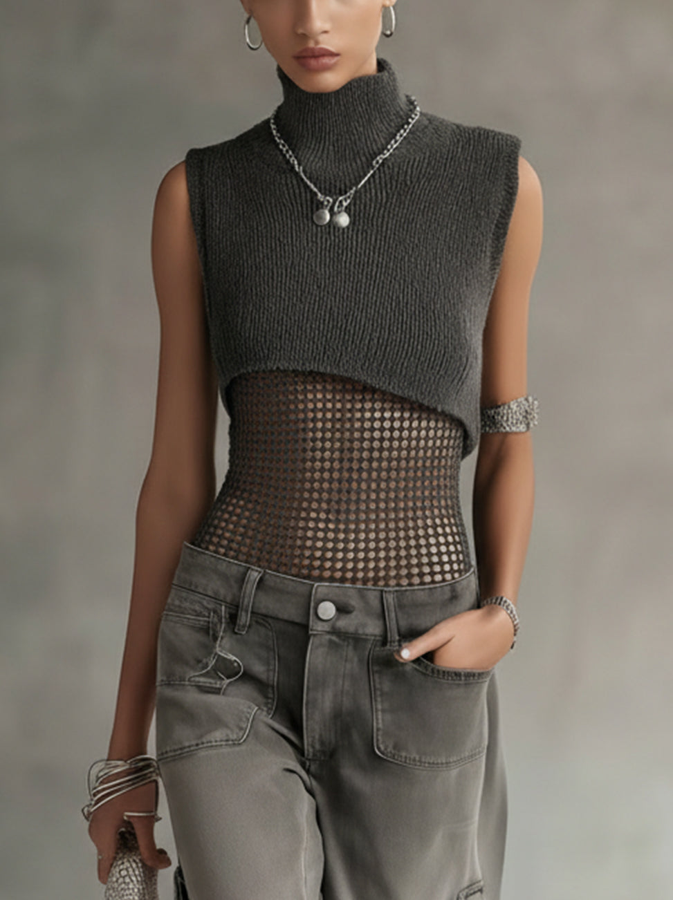 Gray Sleeveless High-Neck Mesh Panel Knit Vest