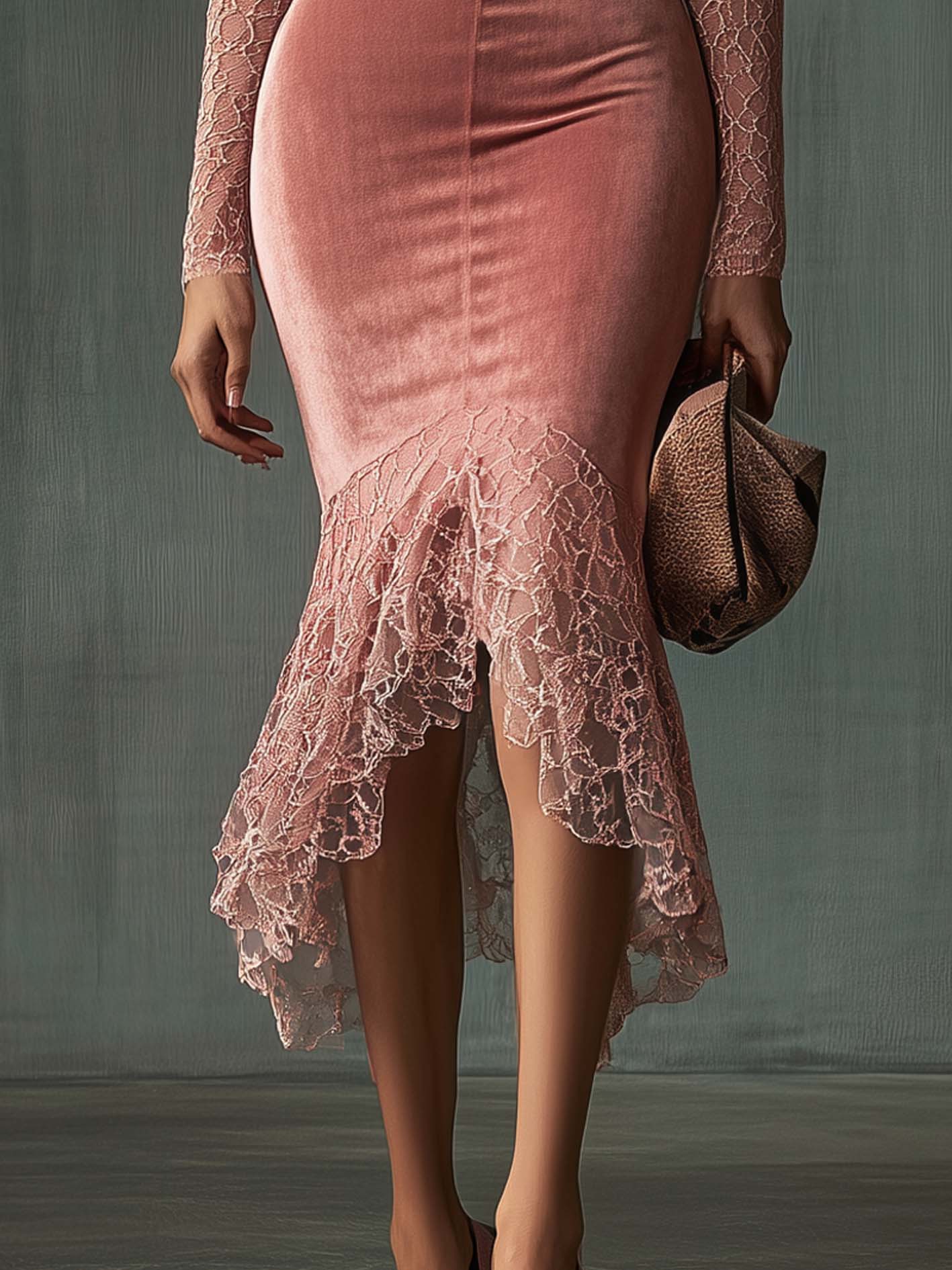 Pink Velvet Midi Bodycon Dress With Lace And Green Leopard Print