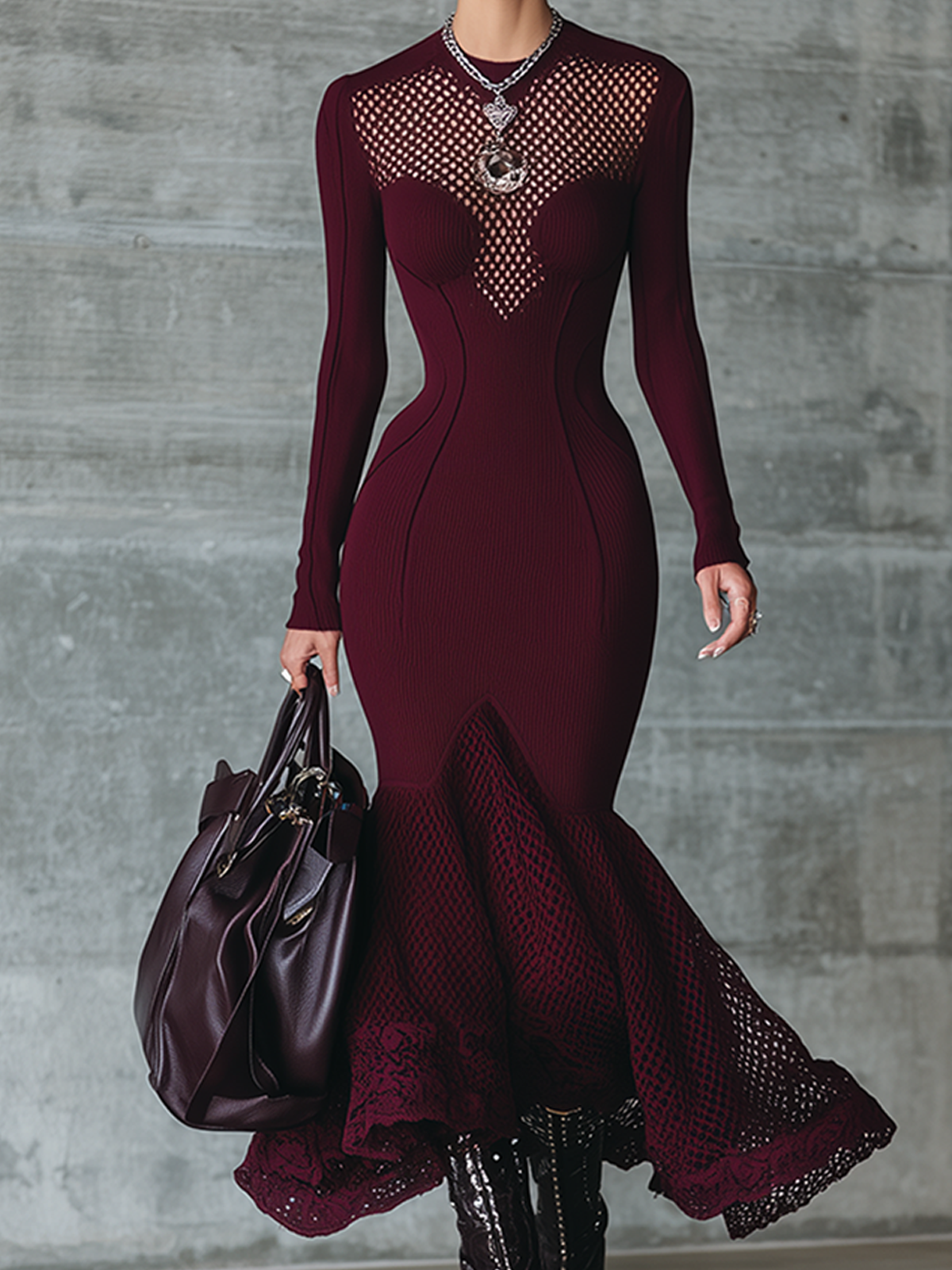 Burgundy Mesh Panel Bodycon Long Sleeve Mermaid Midi Dress