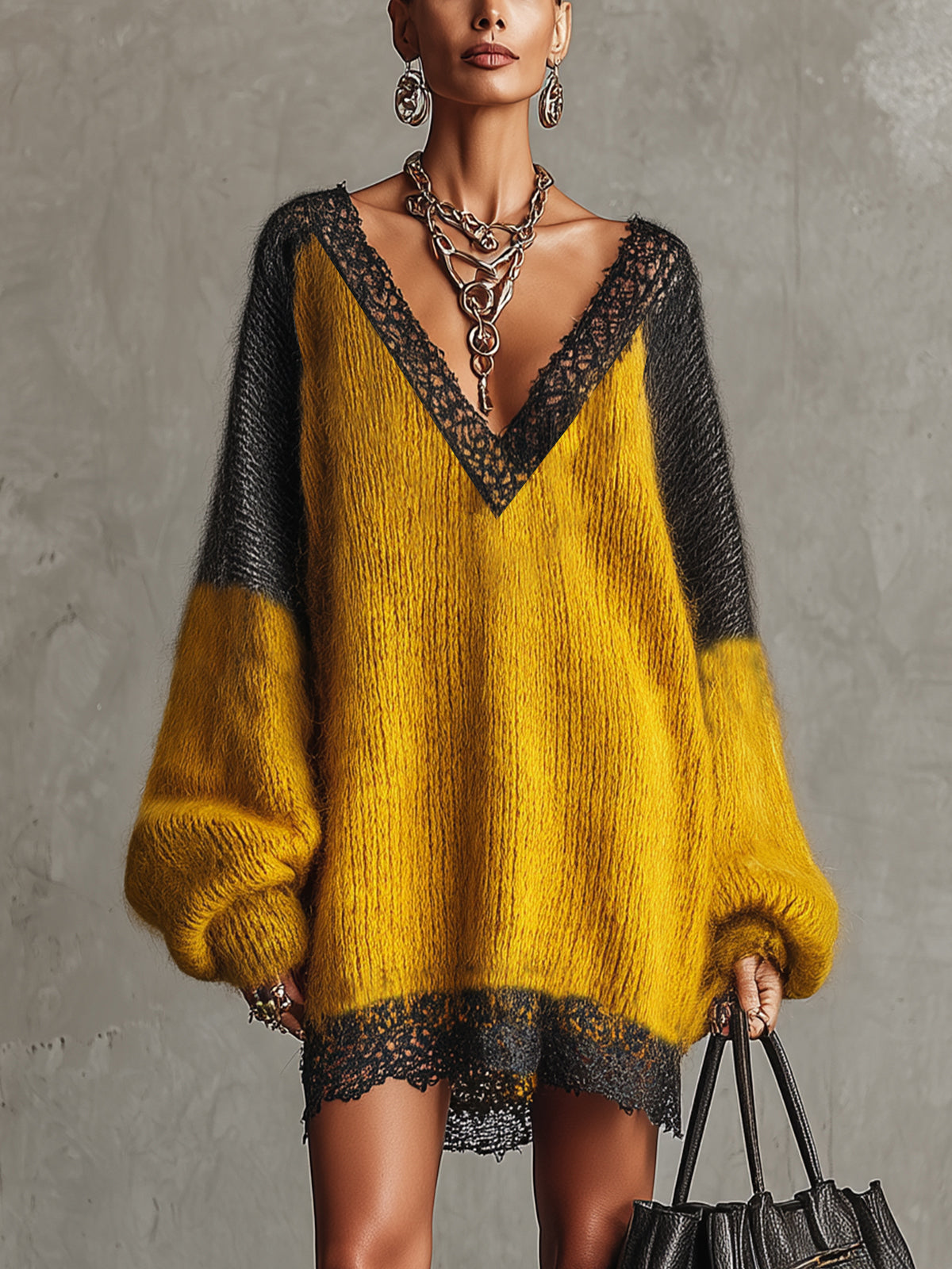 Yellow And Black Mohair Lace-Trimmed Oversized Sweater Dress