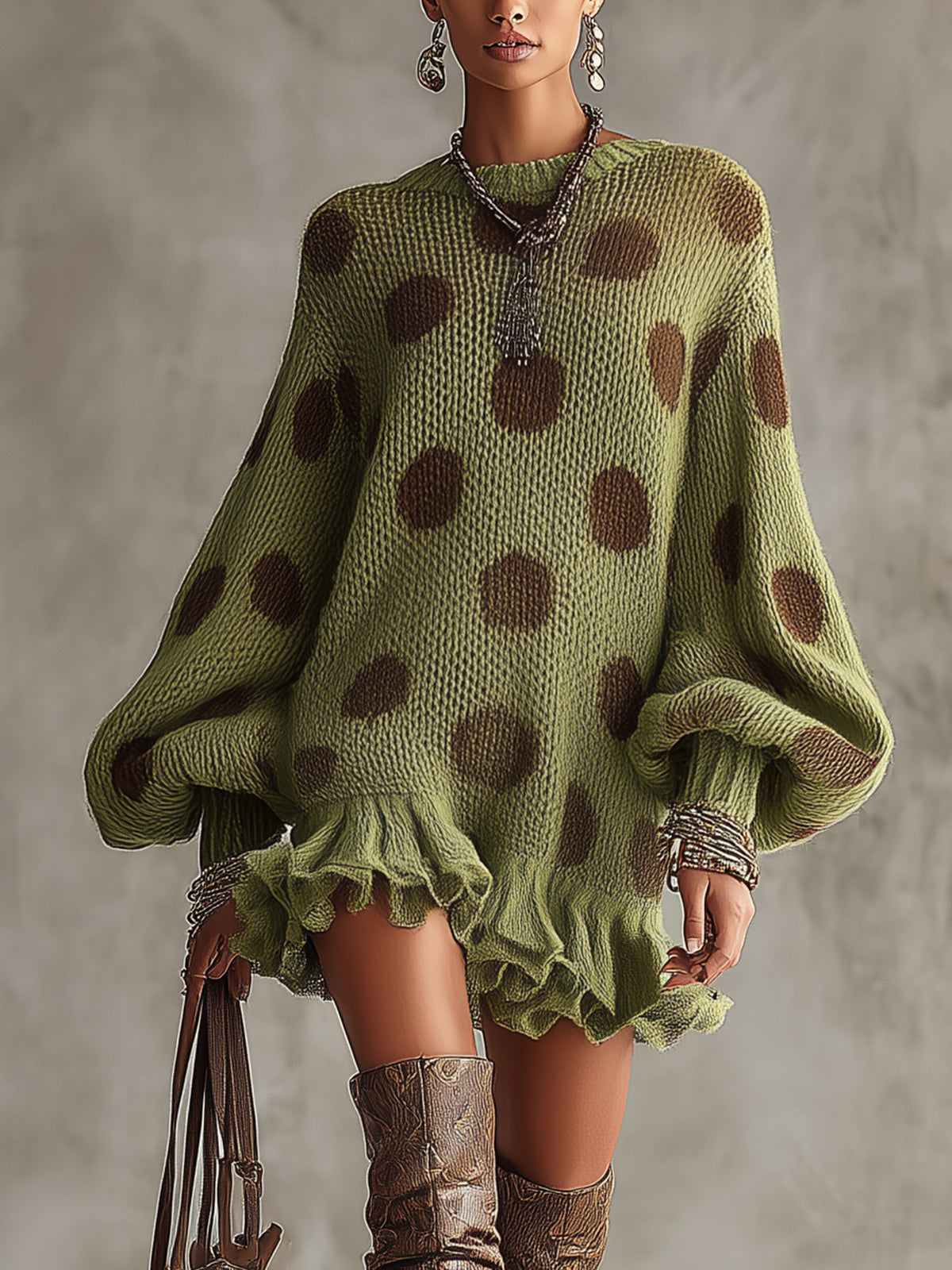 Green Polka Dot Oversized Knit Sweater Dress With Ruffled Hem