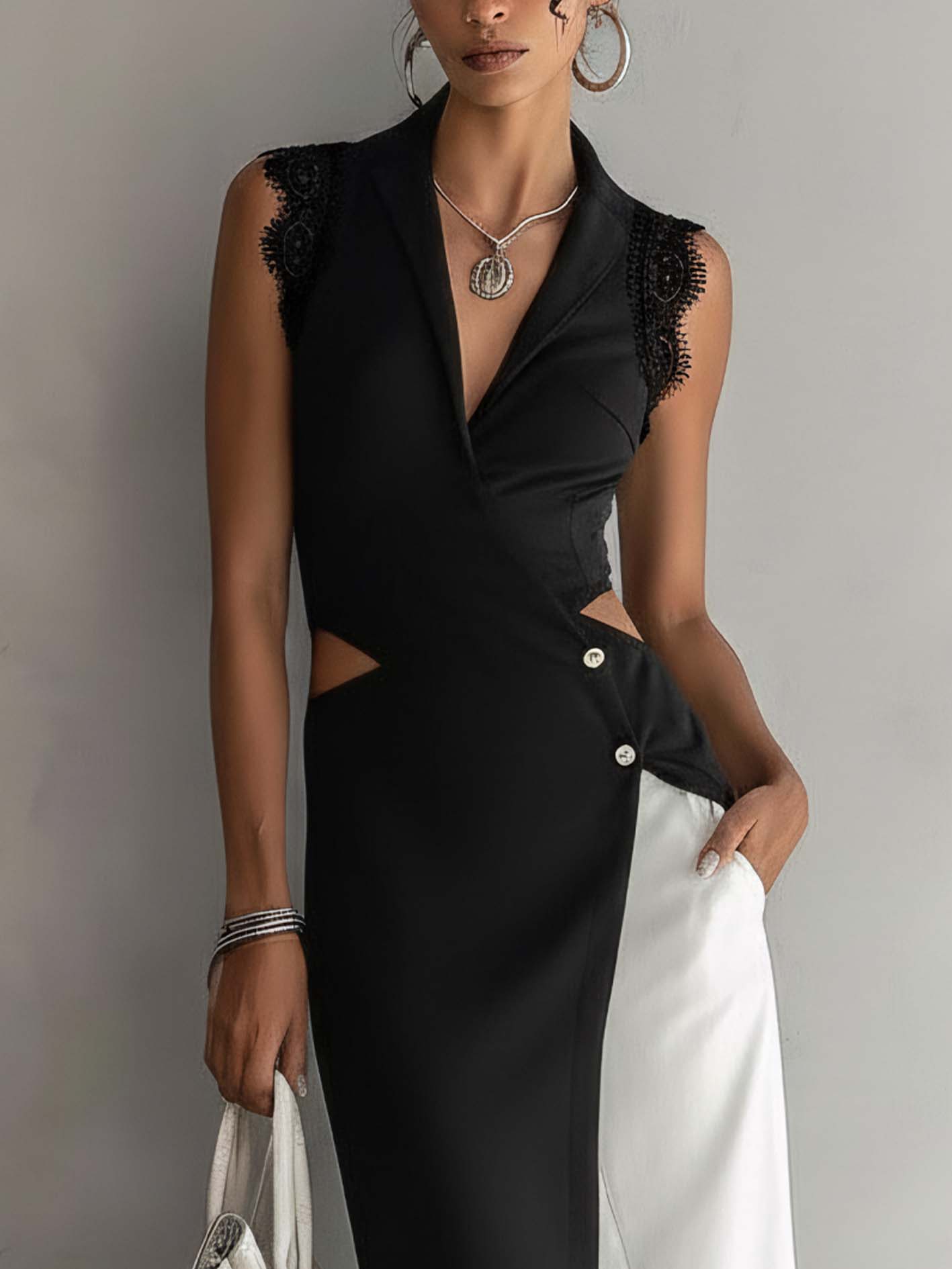 Black And White Patchwork Cutout Waist Lace Shoulder Bodycon Dress