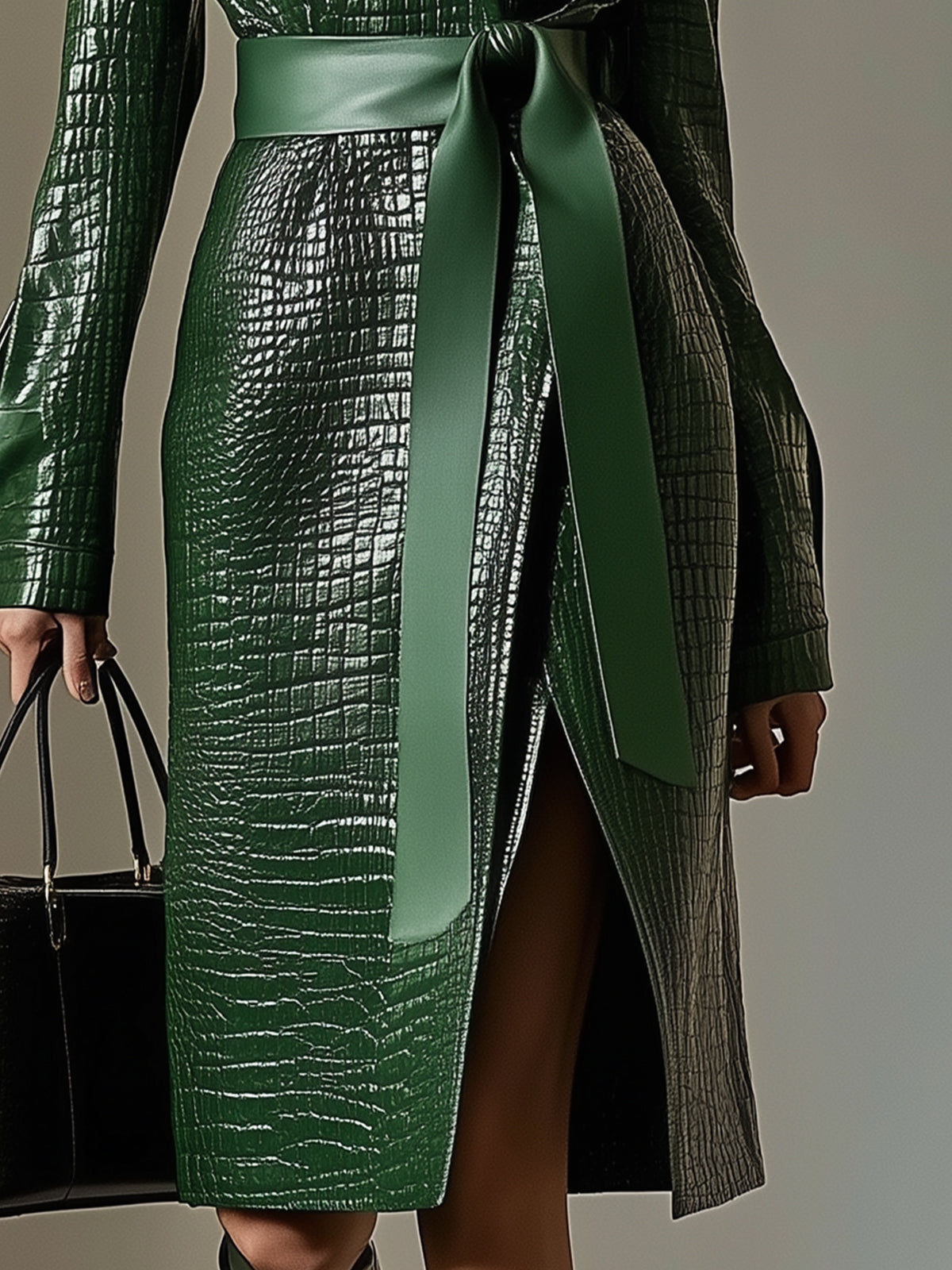 Emerald Crocodile Embossed Faux Leather Coat