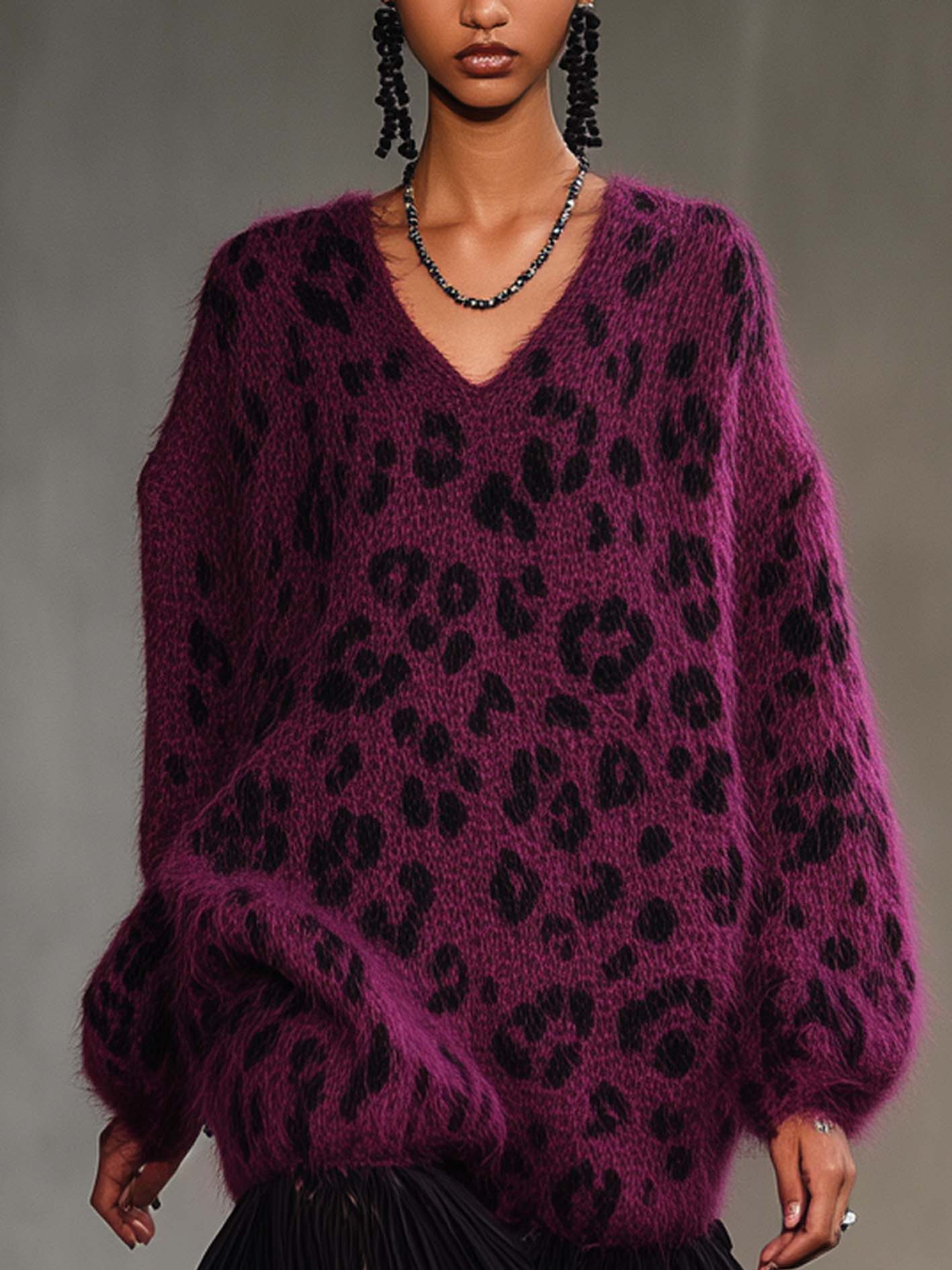 Plush Purple Knitted Mini Dress With Black Leopard Print And Chiffon Ruffles