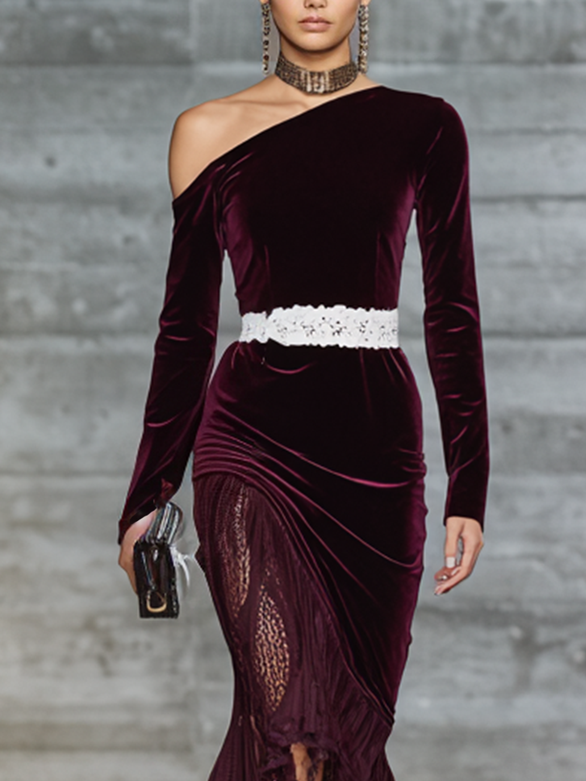 Velvet Lace-Panel Asymmetric One-Shoulder Maxi Dress