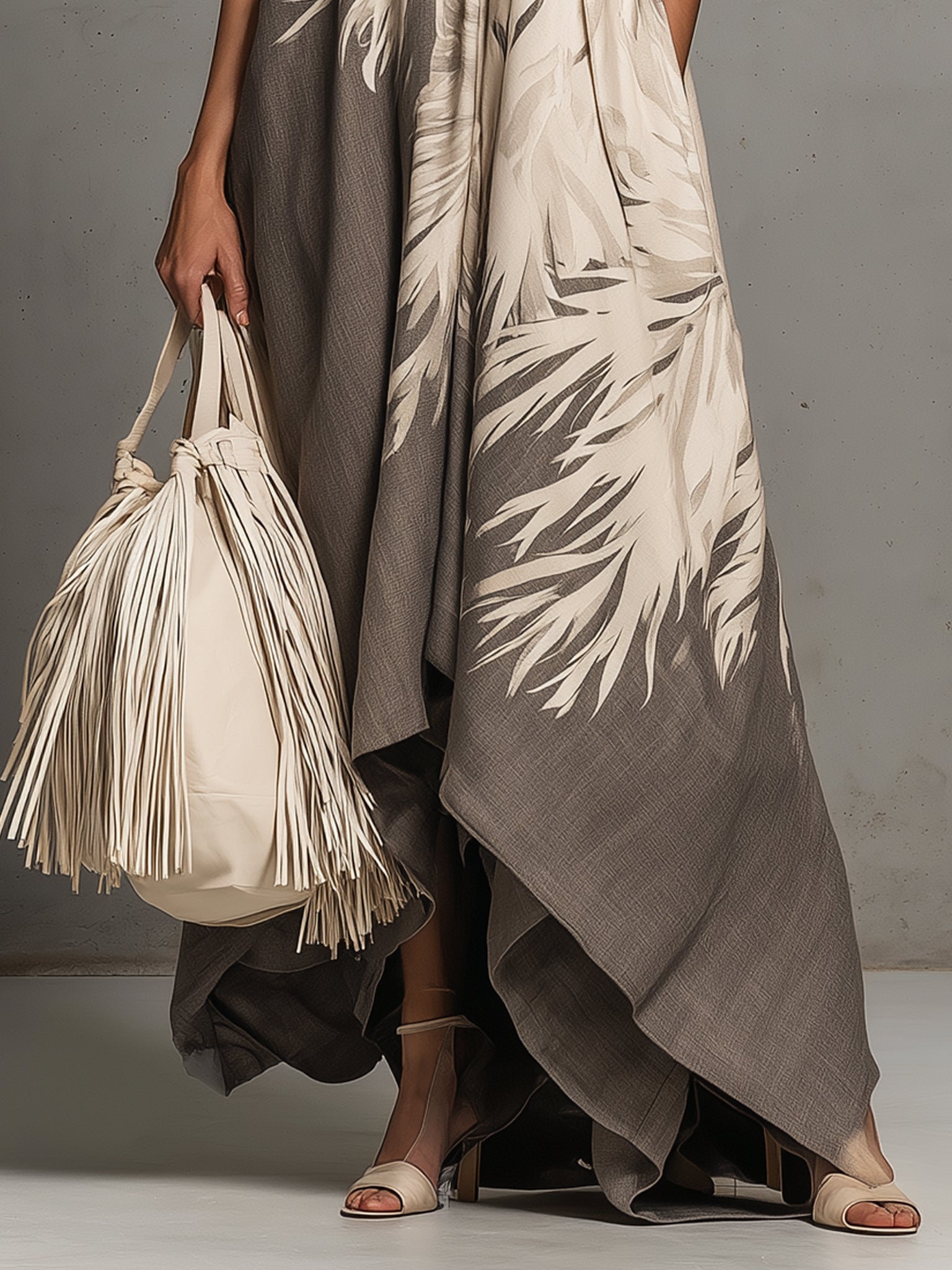Taupe Sleeveless Linen Maxi Dress With Print