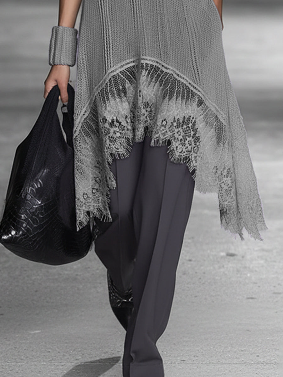 Gray Knit V-Neck Lace Hem Mini Dress