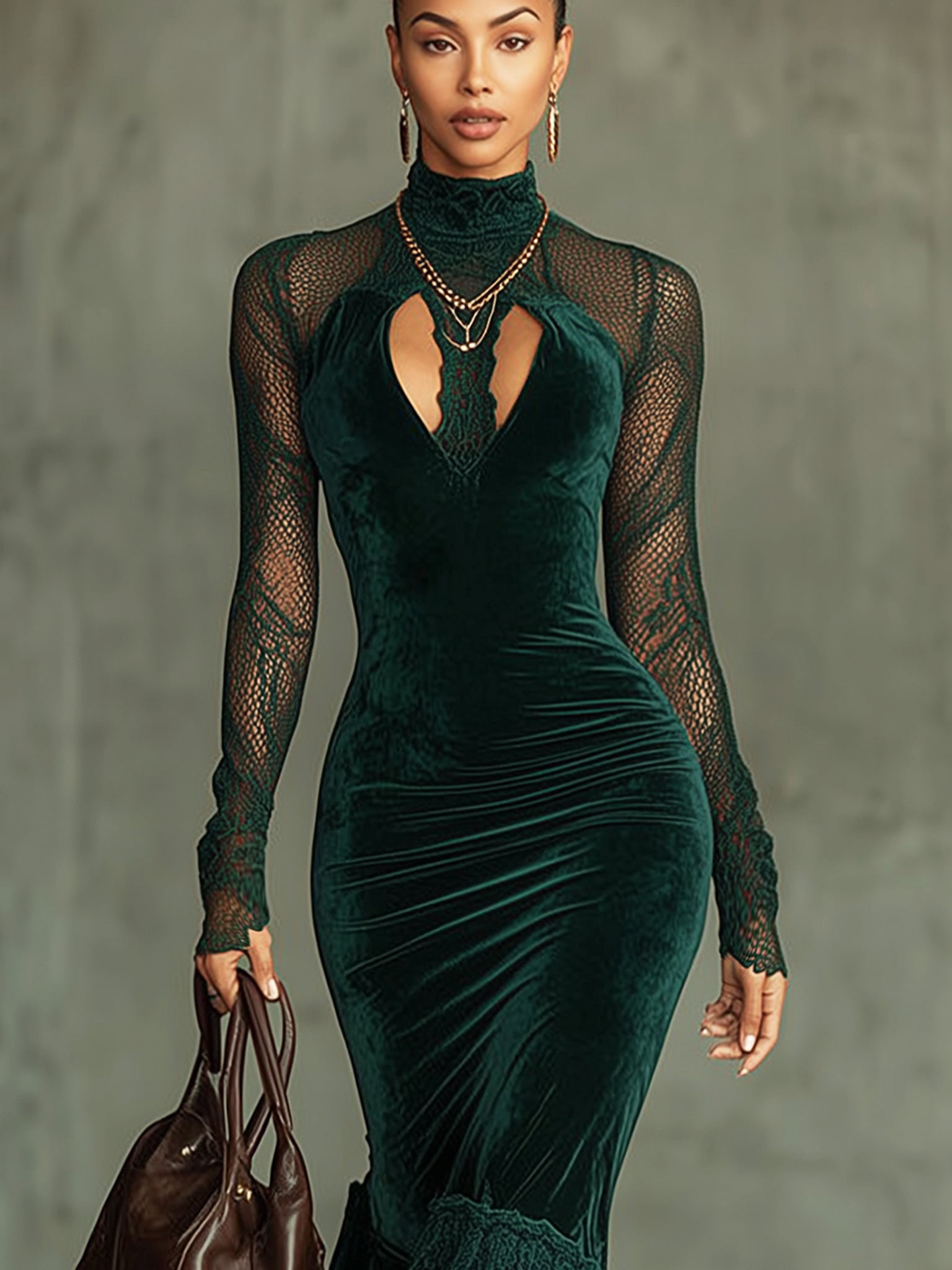 Forest Green Velvet Lace Cutout Long Sleeve Bodycon Dress