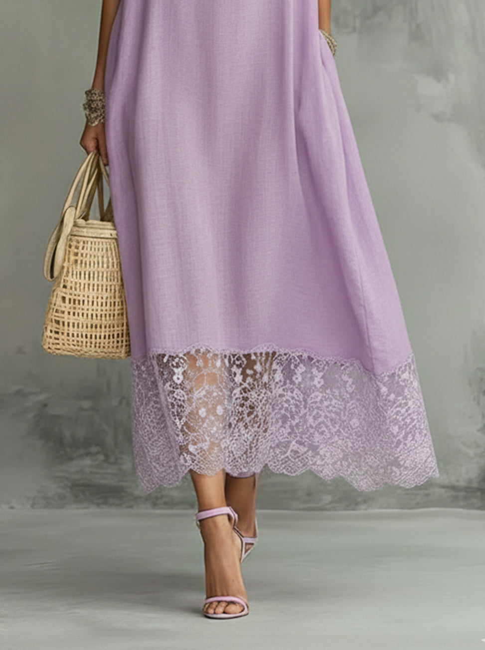 Purple Lace-Trim V-Neck Sleeveless Maxi Dress