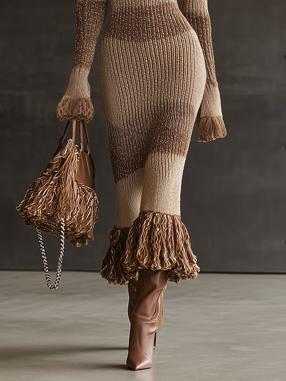 Cocoa Ombre Knit V-Neck Ruffle Midi Dress