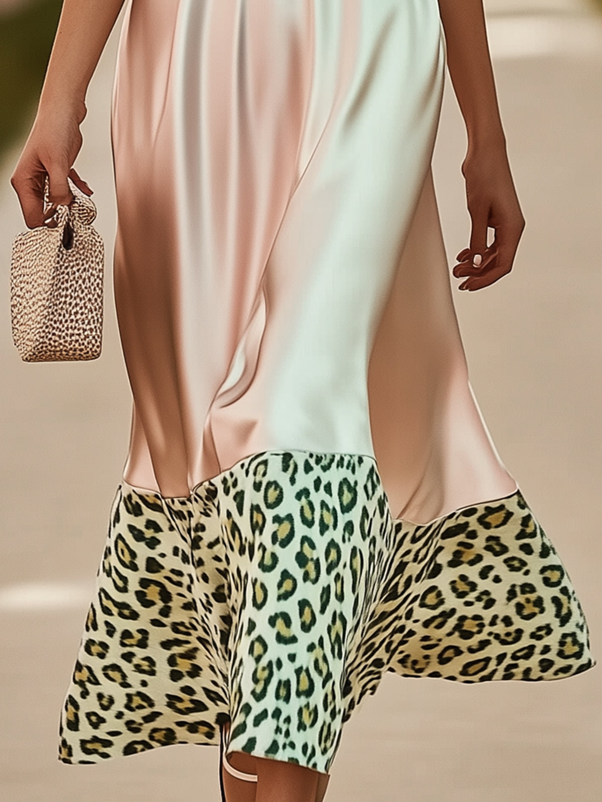 Elegant V-Neck Satin Dress With Green Leopard Print Hem