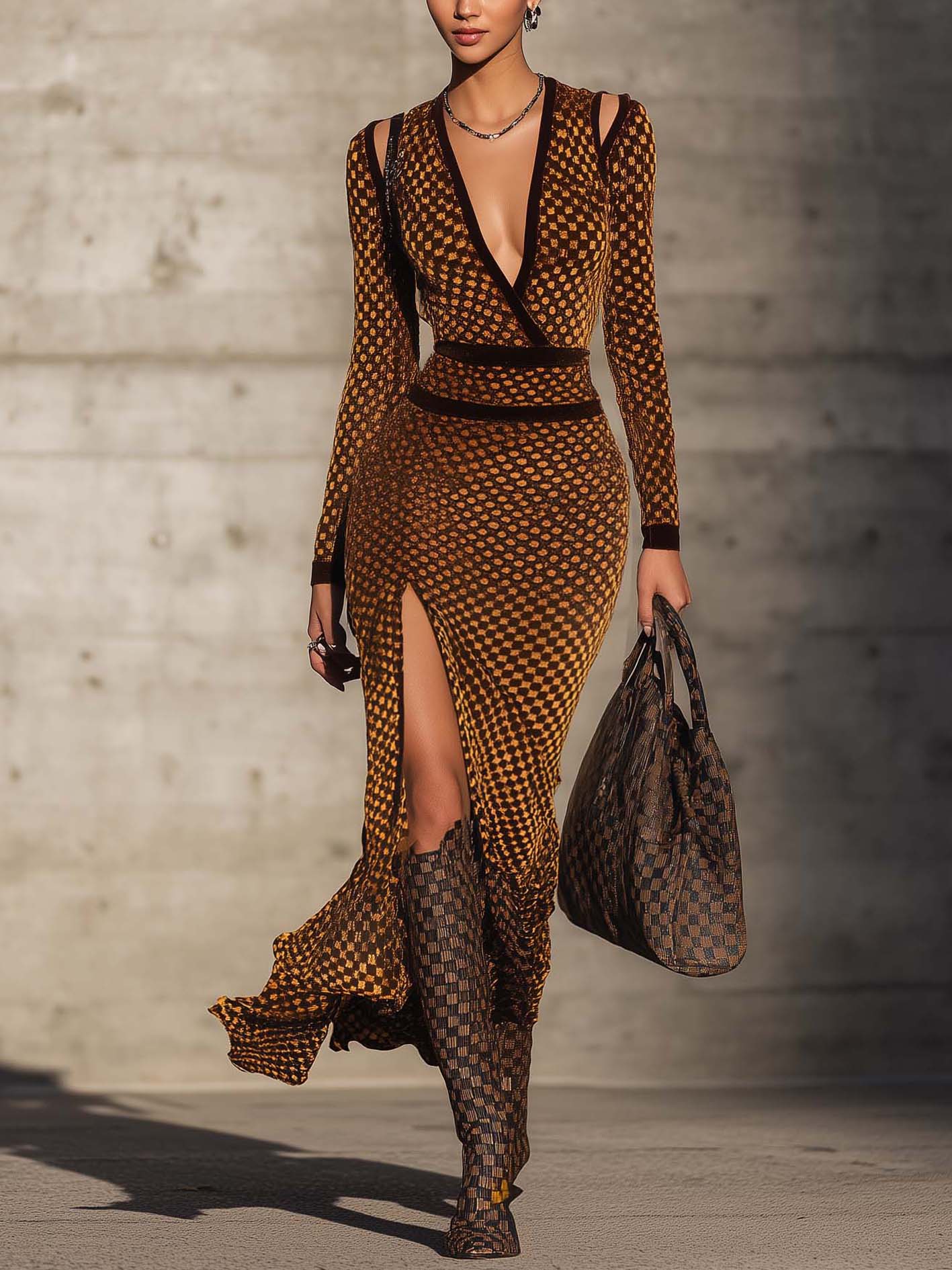 Yellow Plaid Velvet Cutout Bodycon Dress With Side Slit