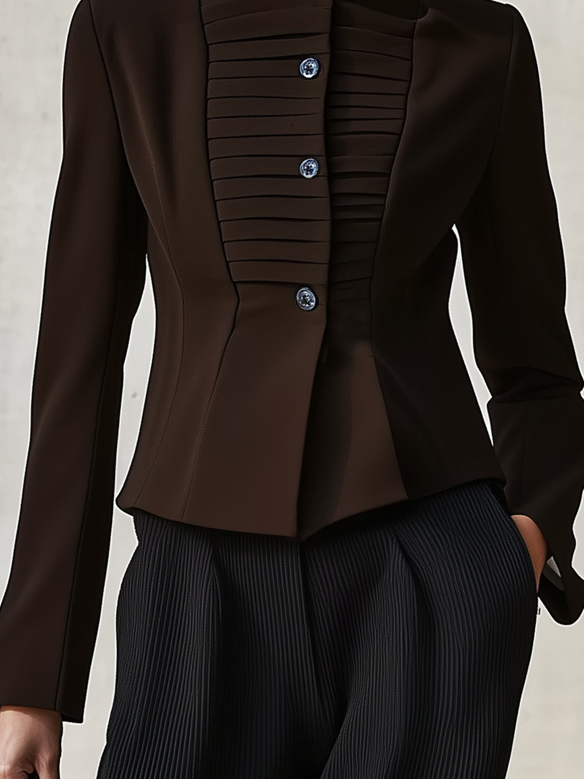Brown Pleated High-Neck Blazer