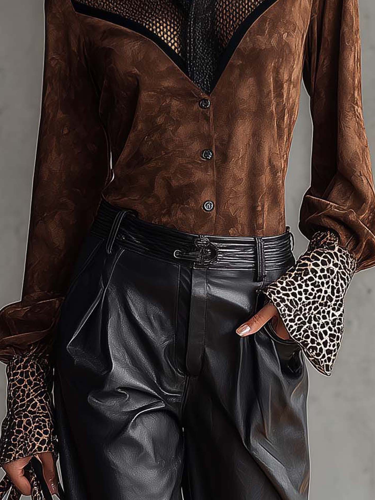 Brown Faux Suede Mesh Patchwork Leopard Cuff Blouse
