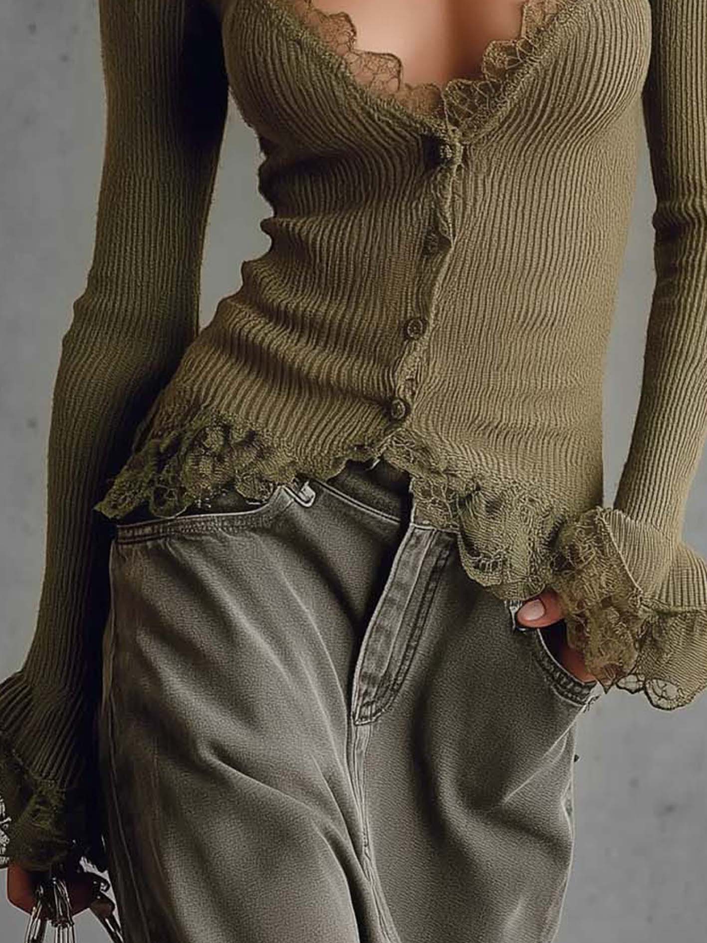 Olive Lace Trim Long Sleeve Ruffle Cuff Ribbed T-Shirt