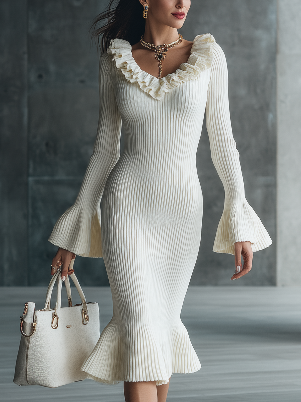 White Ruffled Ribbed Knit Flute-Sleeve Midi Dress