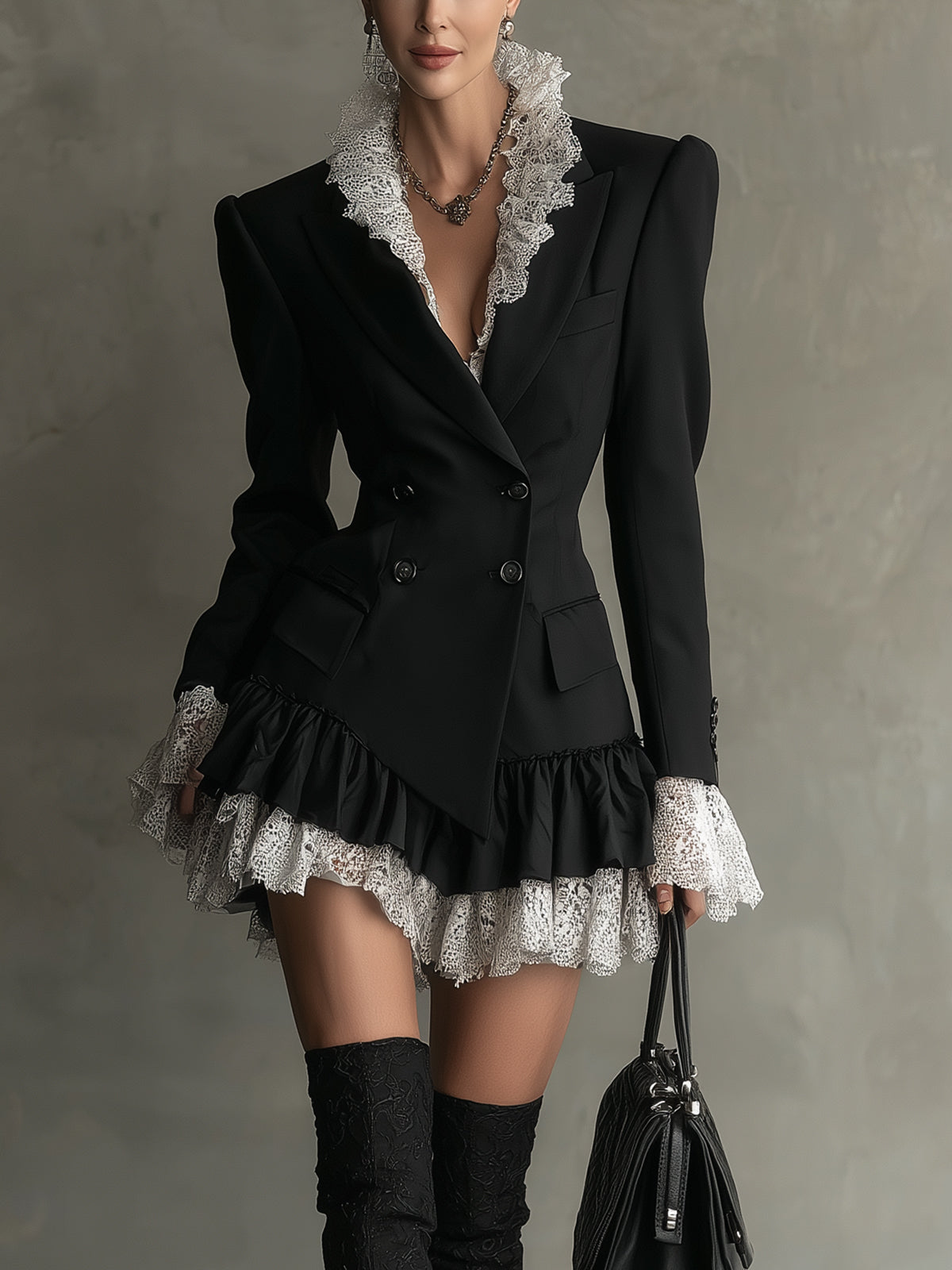 Black Lace Trim Blazer Mini Dress With Ruffled Hem And Puff Shoulders