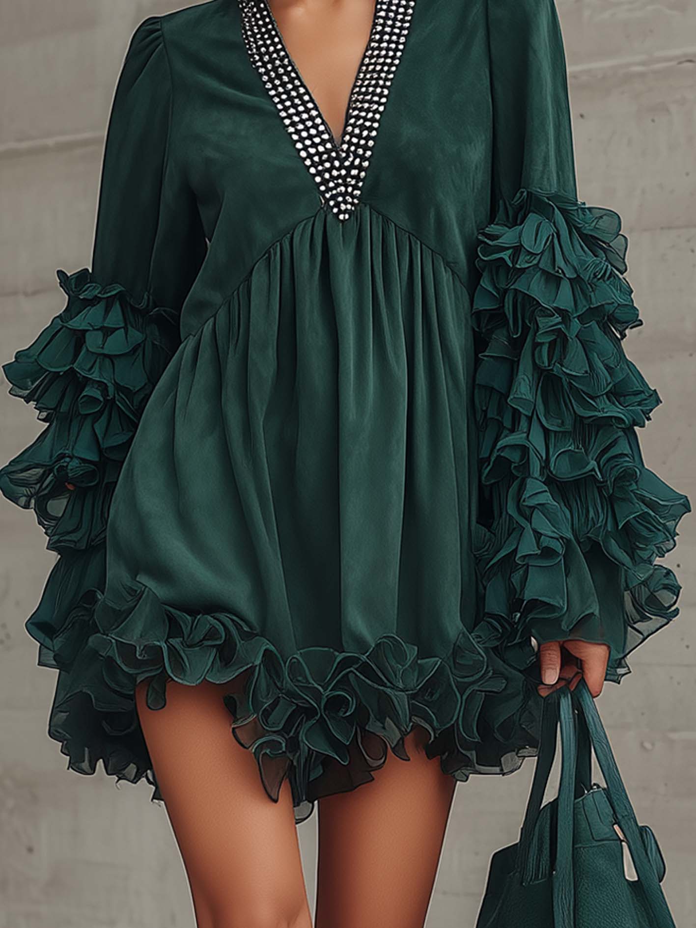 Deep Green Faux Suede Ruffle Mini Dress With Beaded V-Neck