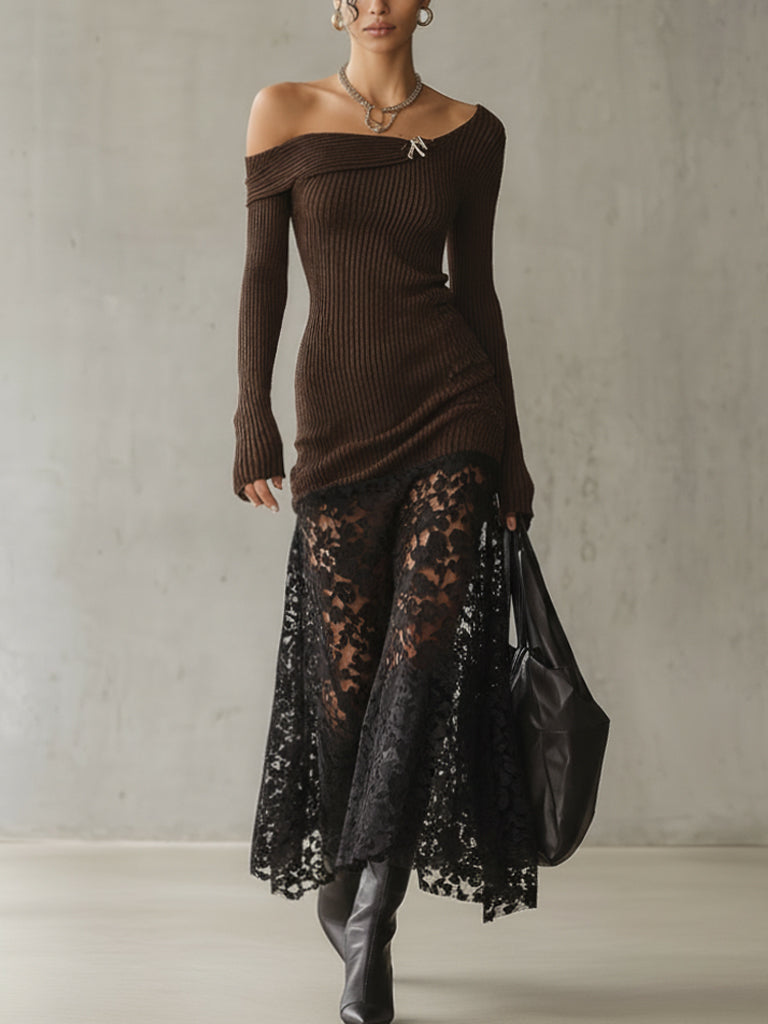Coffee Knit One Shoulder Lace Maxi Dress With Brooch