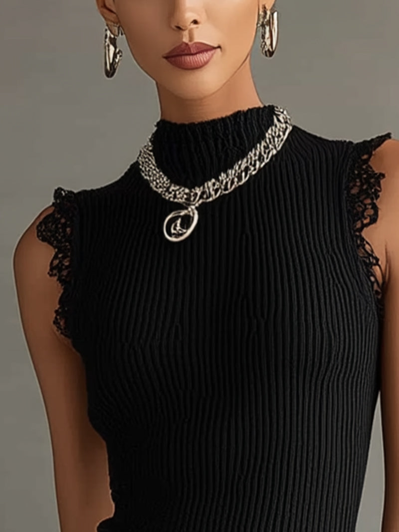 Black Ribbed Knit Sleeveless Tank With Lace Trim Hem