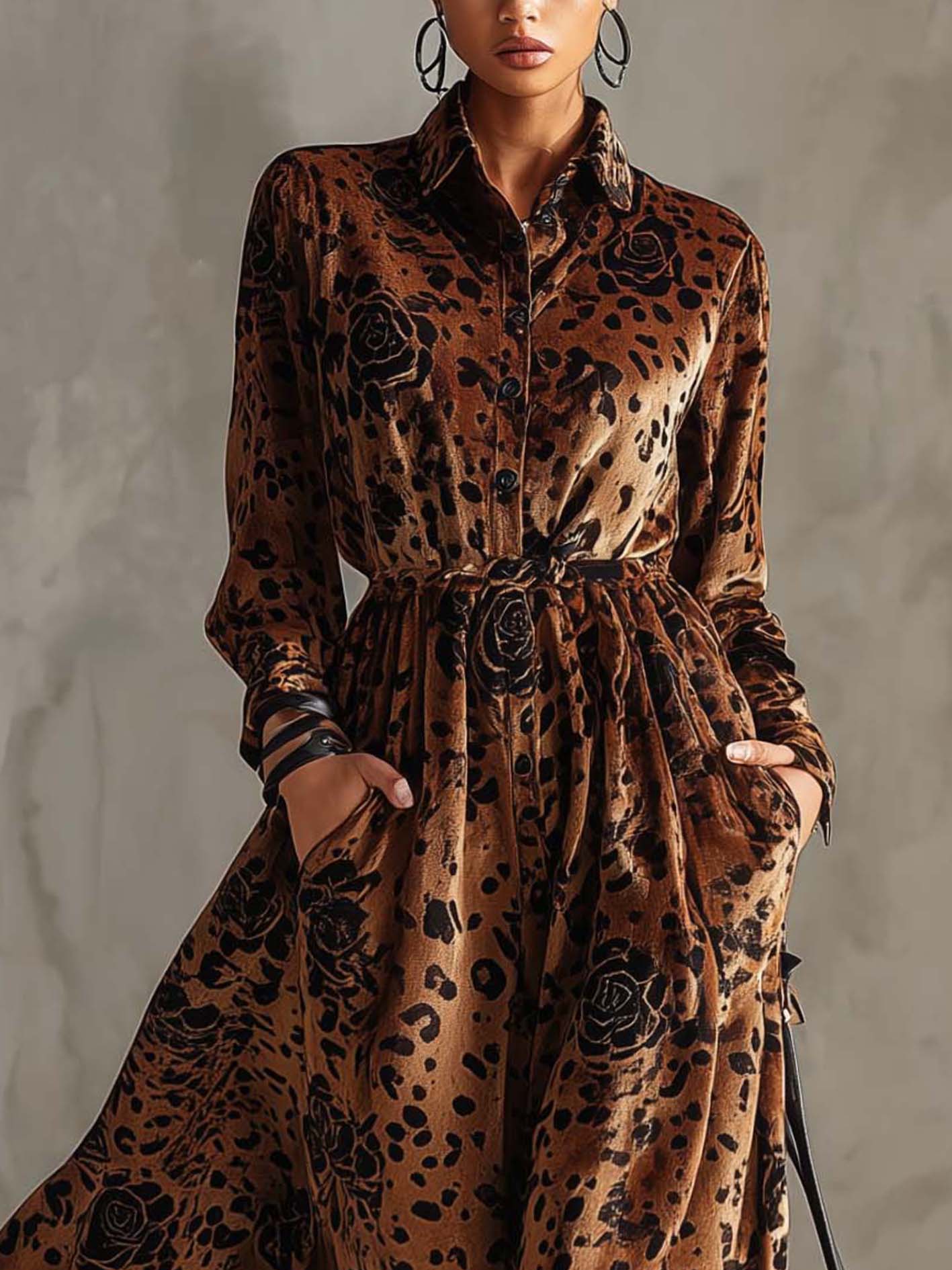 Brown Velvet Midi Dress With Leopard Print And Flowers