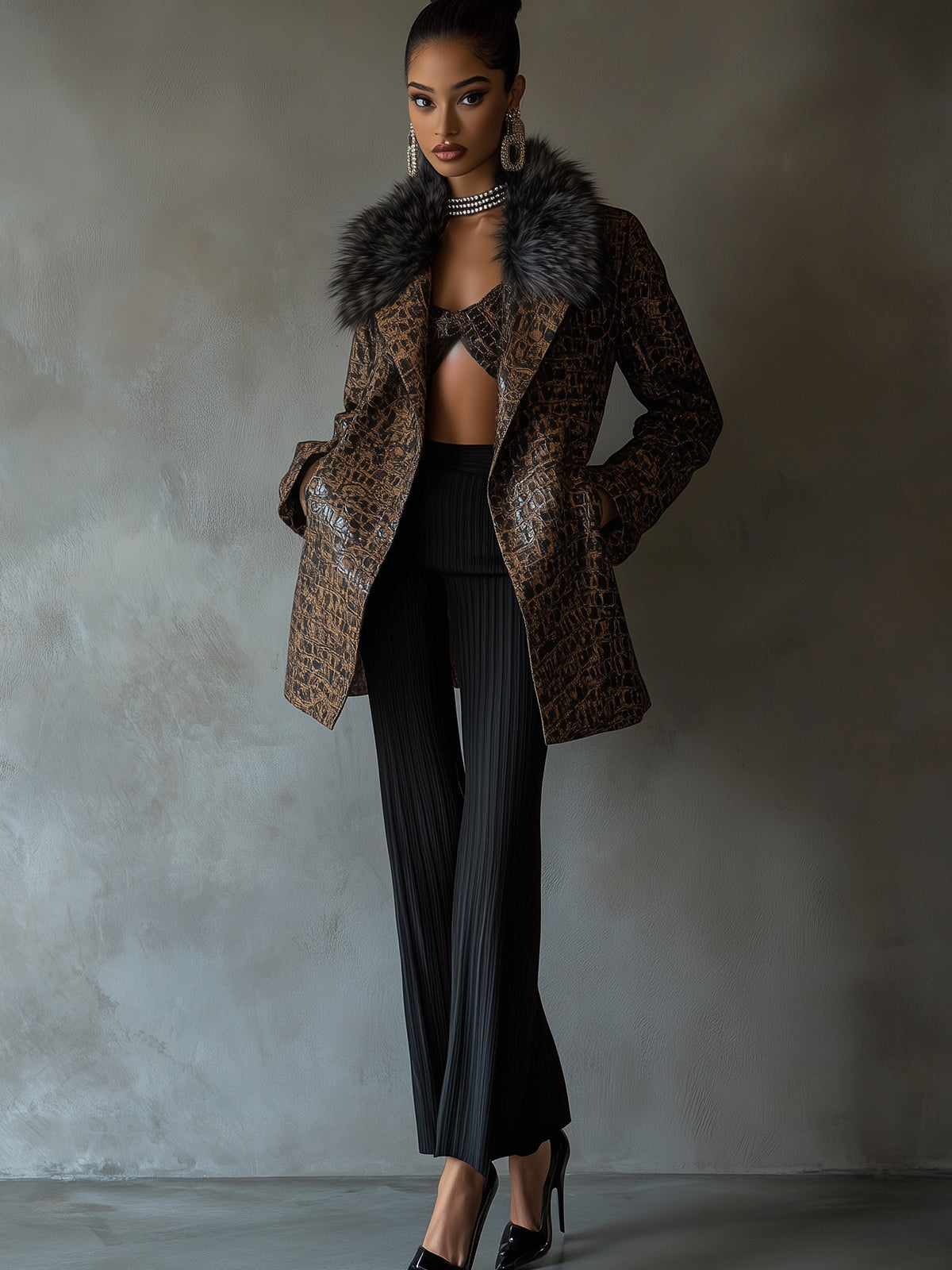 Brown Luxe Crocodile Embossed Faux Leather Coat
