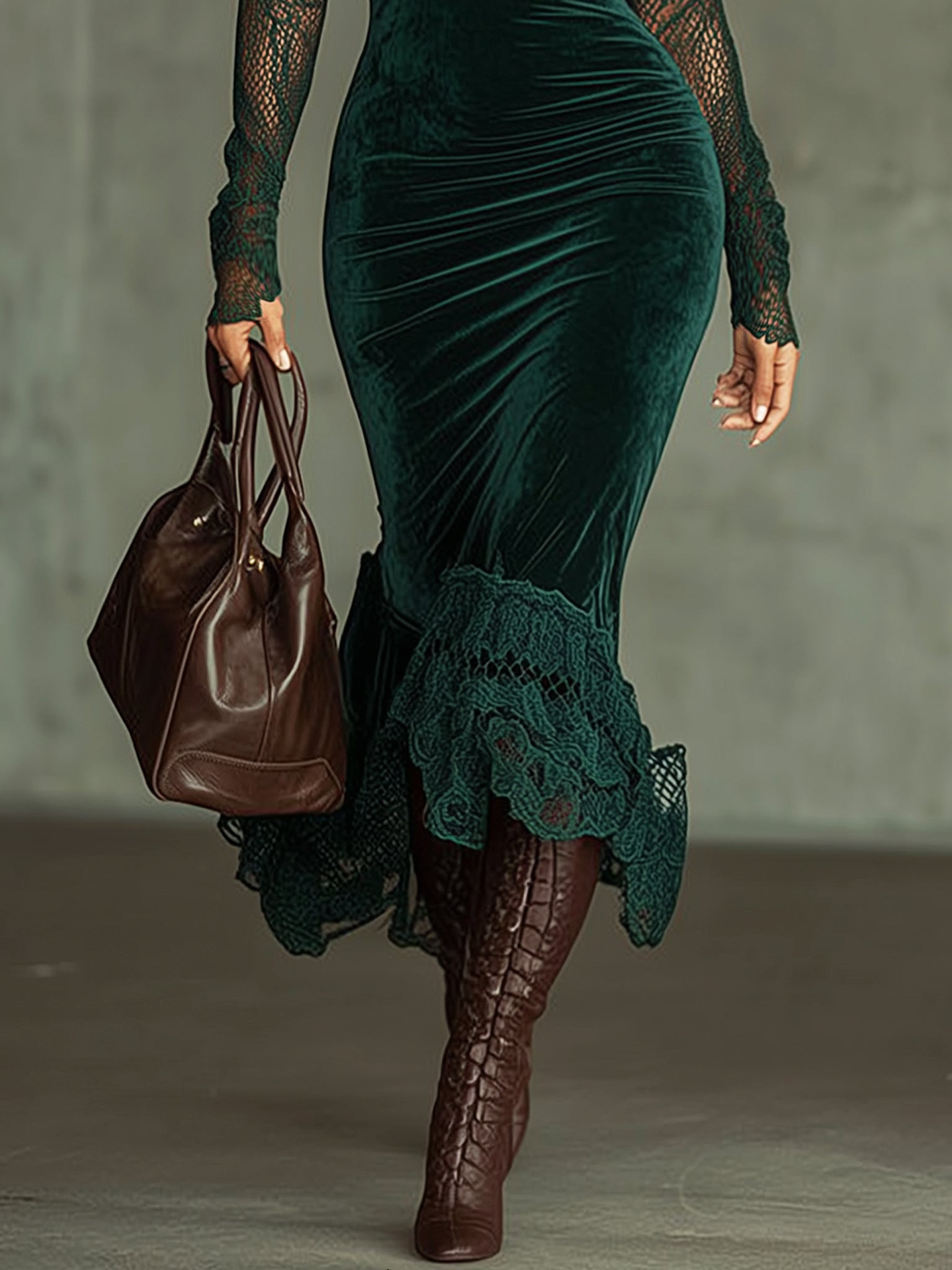 Forest Green Velvet Lace Cutout Long Sleeve Bodycon Dress