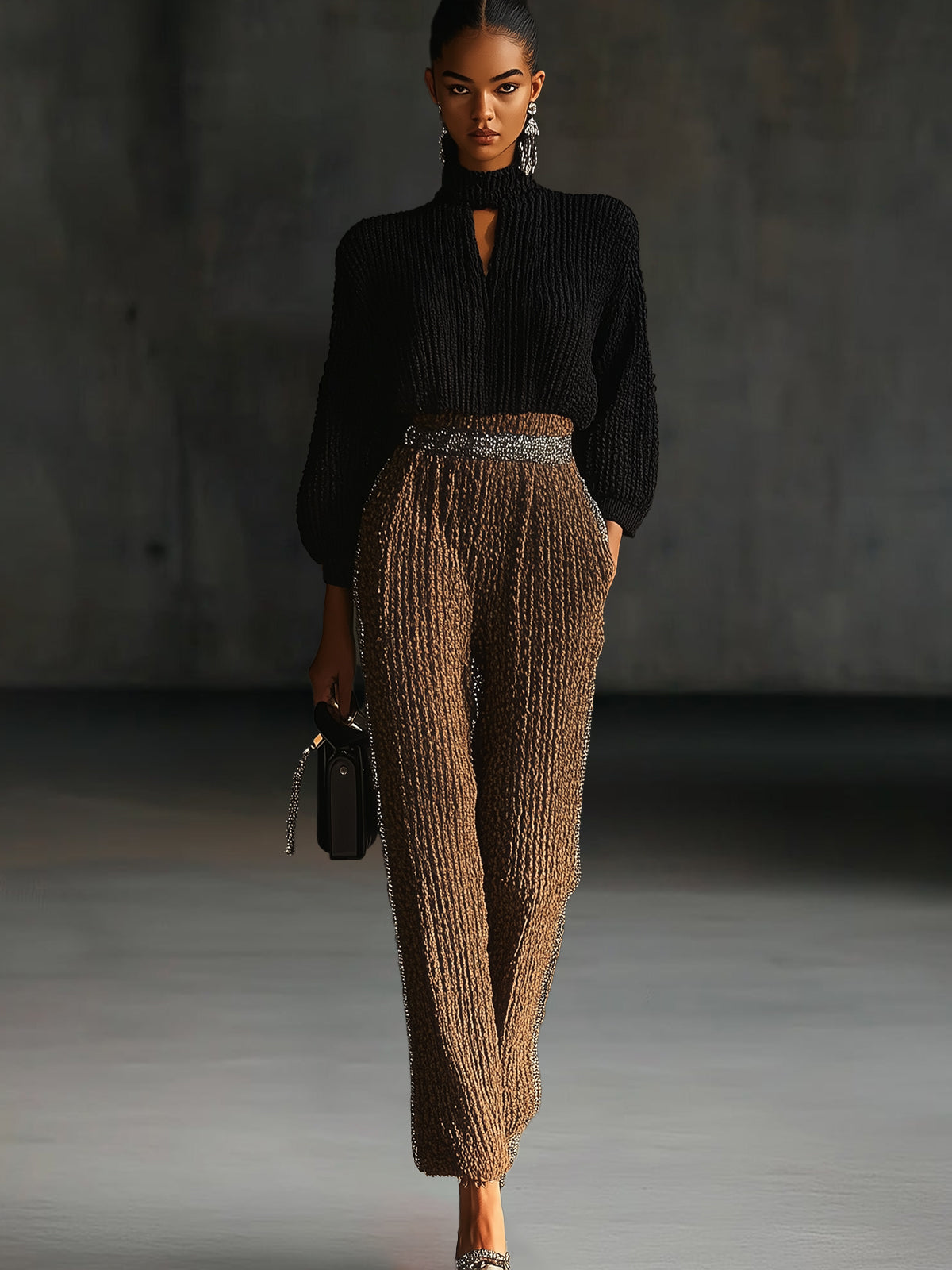 Black Knit High-Collar Top With Knit Bronze Pants Set
