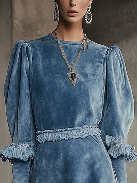 Blue Puff Sleeve Faux Suede Mini Dress With Ruffle Accents