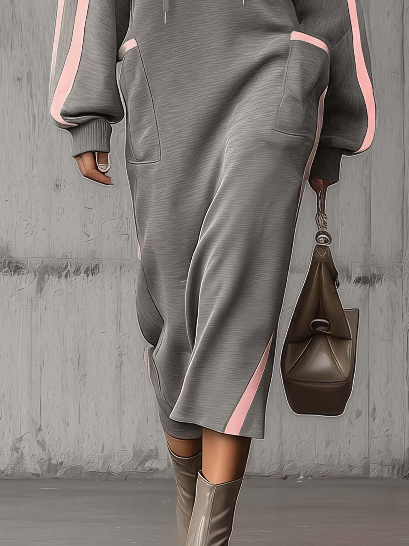 Gray Hooded Maxi Sweatshirt Dress With Pink Stripe Detail