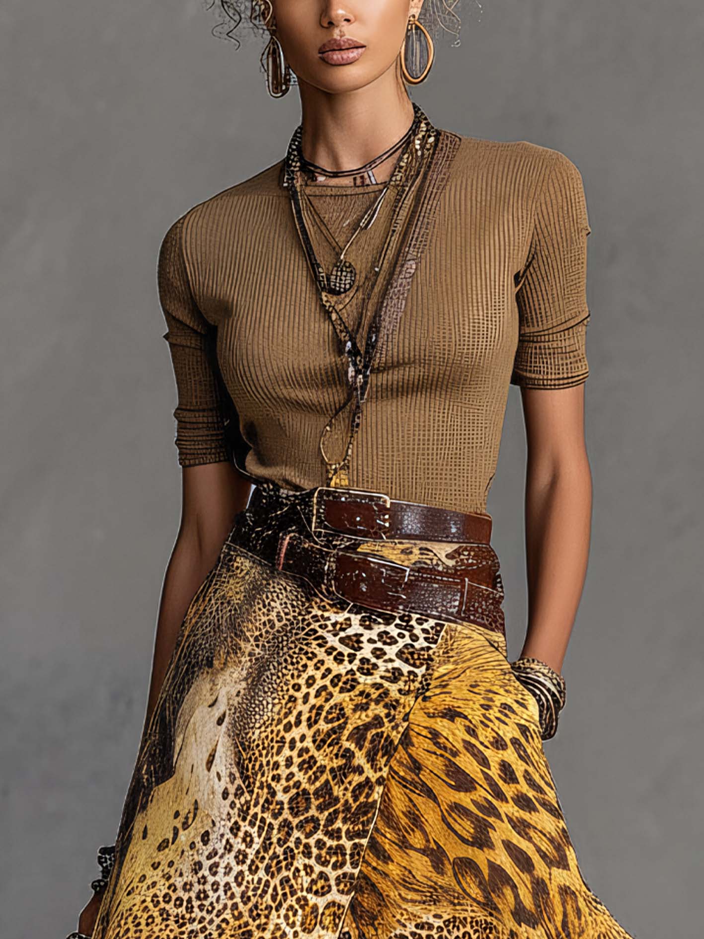 Khaki Ribbed Top And Leopard Print Double-Layer Chiffon Maxi Skirt Set