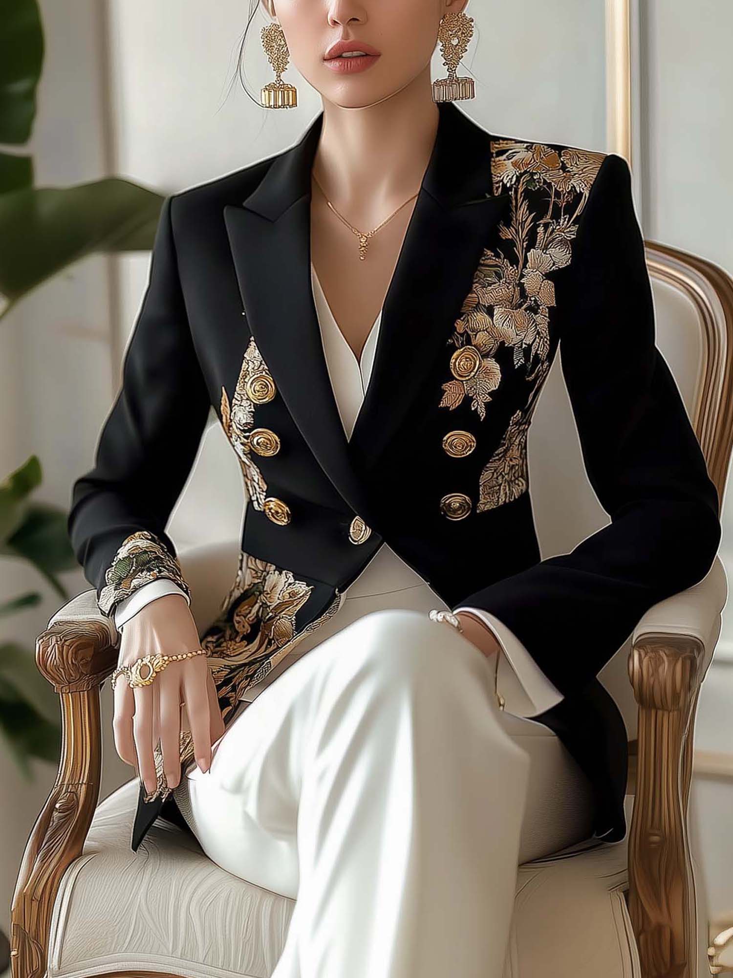 Black Blazer With Vintage Floral Pattern And Double-breasted Buttons