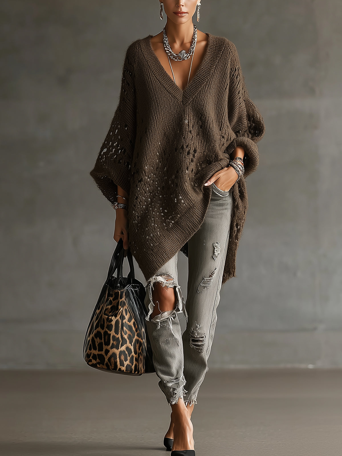 Brown Oversized V-Neck Knit Sweater With Open-Stitch Detailing