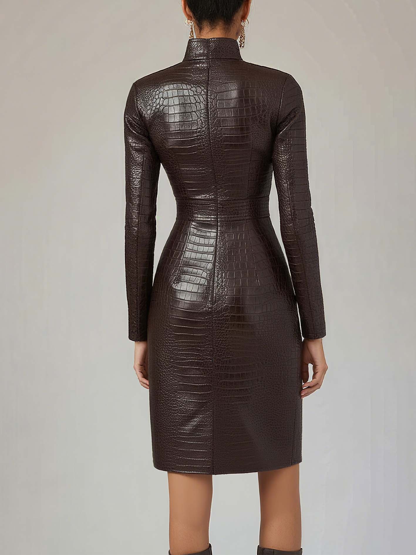 Dark Brown Textured Faux Leather Bodycon Dress With Side Slits