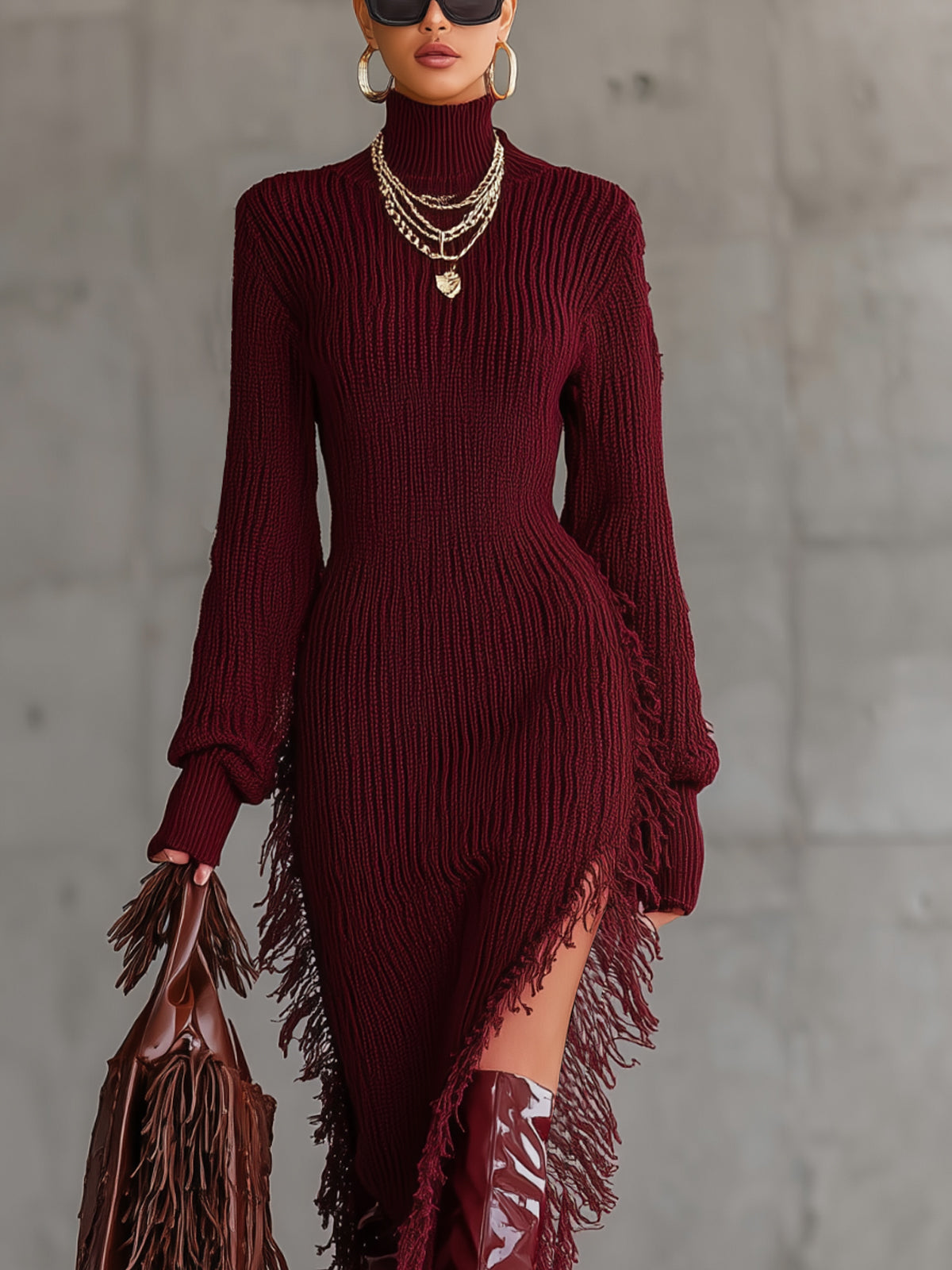 Wine Red Turtleneck Asymmetrical Fringe Knit Sweater Dress