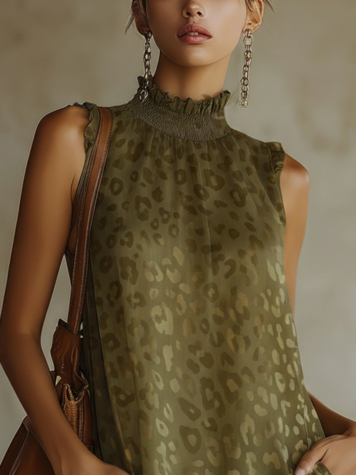 Olive Leopard Print Sleeveless Ruffle Hem Mini Dress