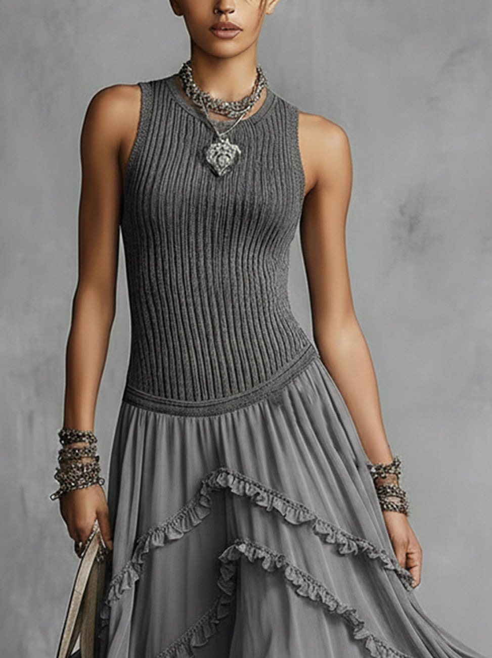 Gray Sleeveless Knit-Bodice Ruffled Chiffon Maxi Dress